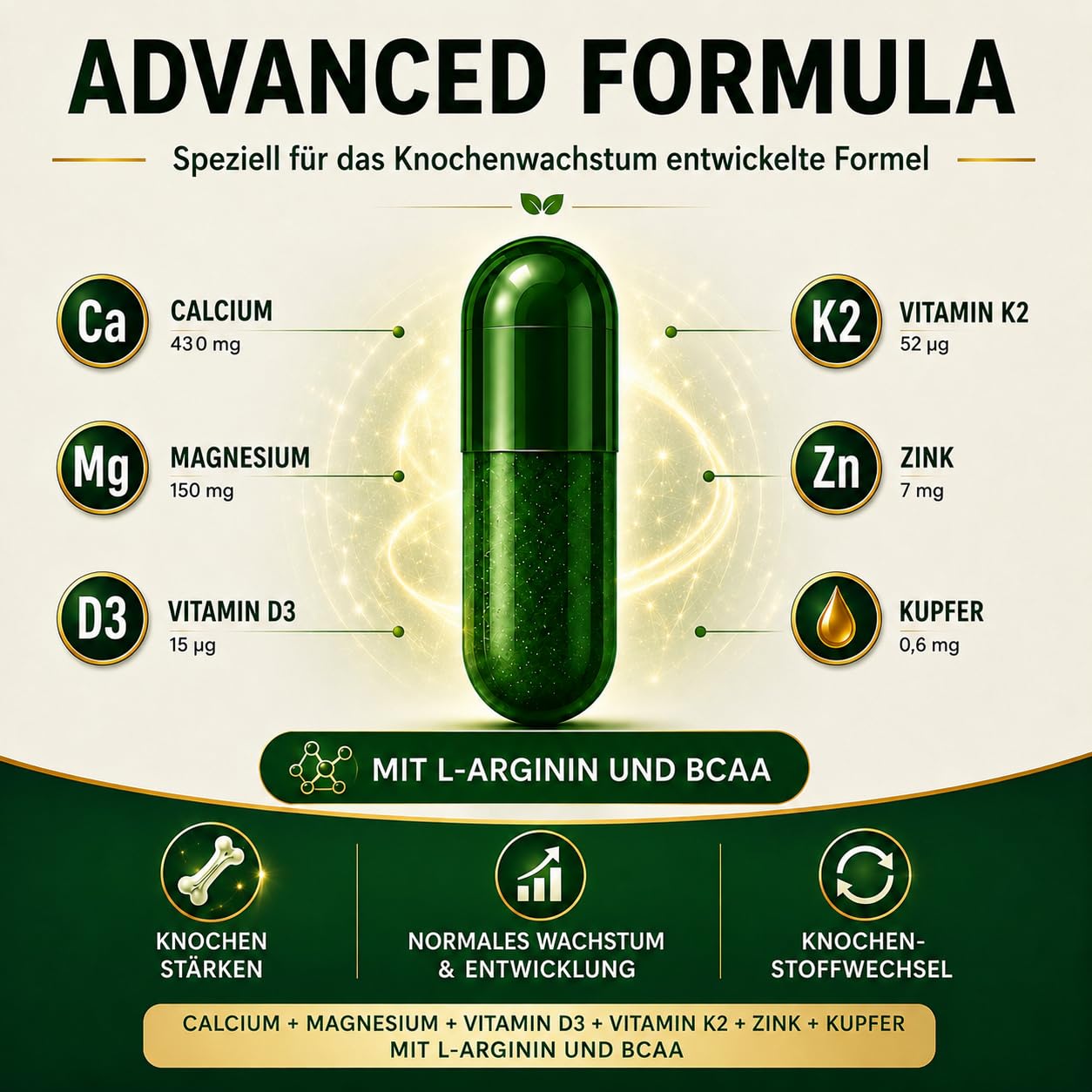 OsseoLong® Jugend: Einzigartige Kombination L-Arginin + verzweigtkettiger Aminosäuren (BCAAs), Kalzium, Vitamin D3, Zink und Magnesium für die Knochenentwicklung (Kapsel)
