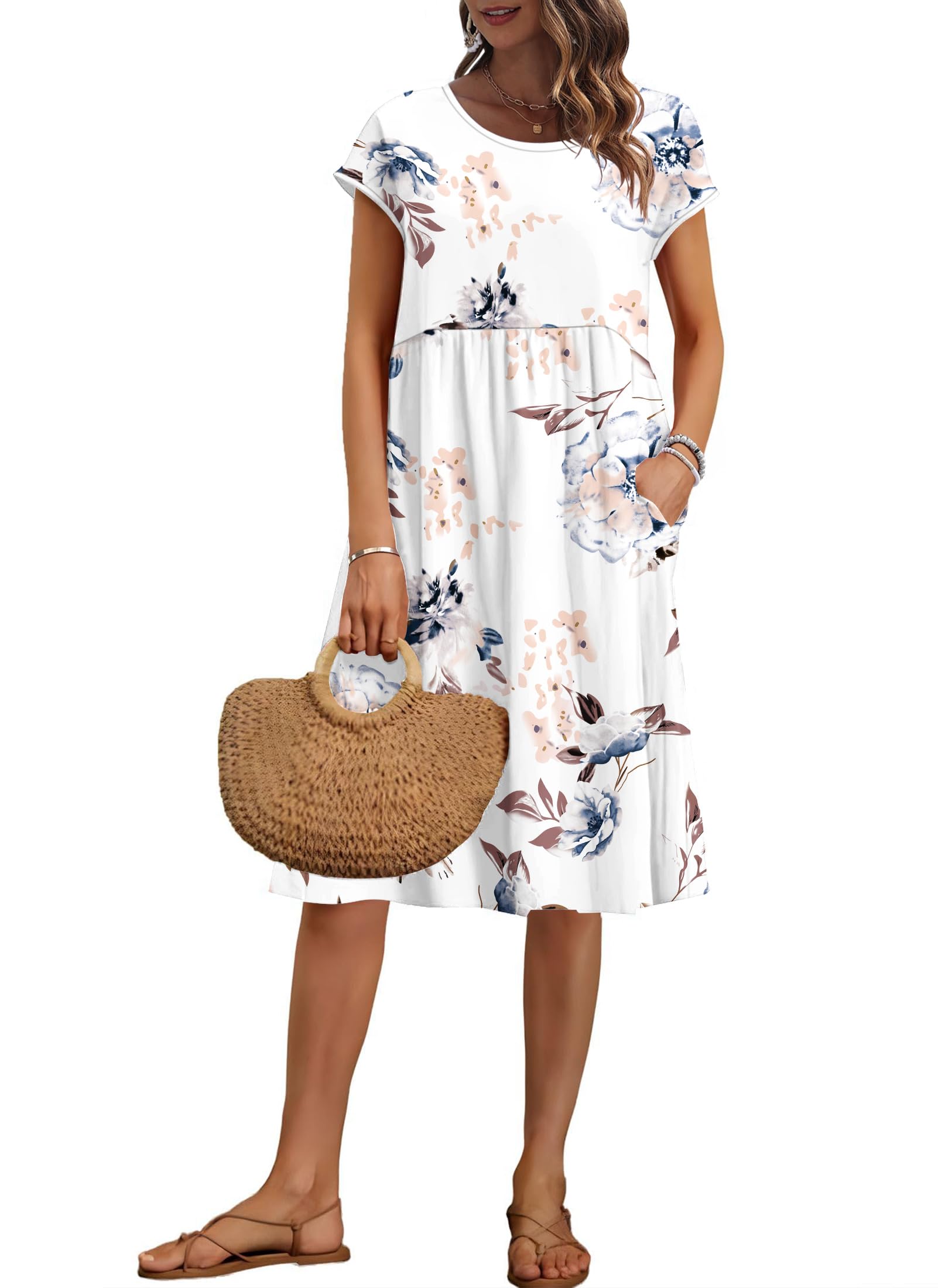 Auselily Women's Floral White Summer Knee Length Dress