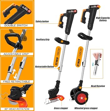 Weed Wacker Cordless Electric Eater Battery Powered, 21V Lightweight No-String Weed Trimmer with 2 Battery Operated & Wheels, 3 in 1 Stringless Grass Trimmer/Edger/Brush Cutter for Garden Yard Lawn