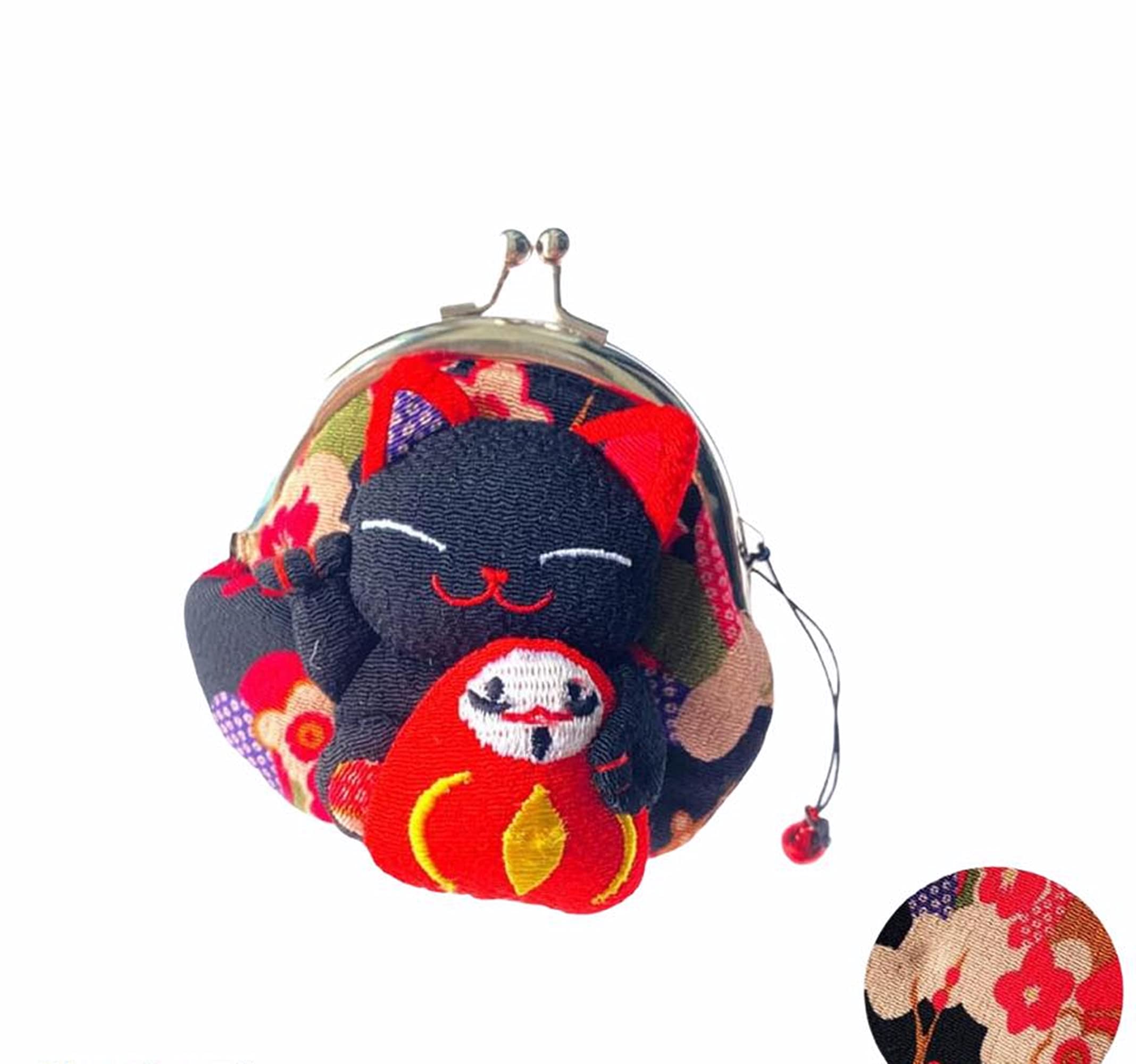 Lucky Cat With Daruma Japanese Style Cute Coin Purse Portable Change Bag Key Holder Kimono Fabric Maneki Neko Lucky Cat