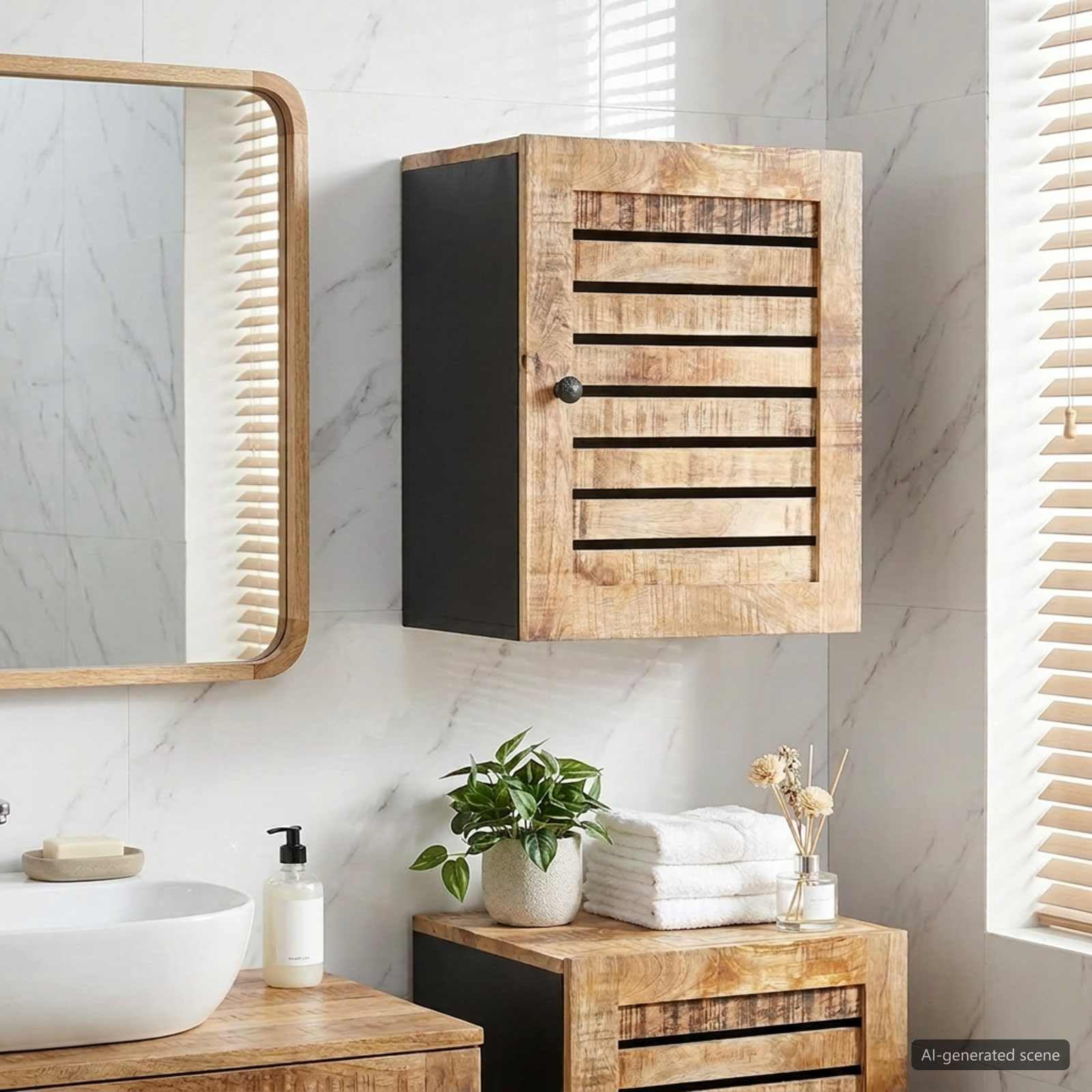 Mueble colgante de madera de mango marrón y negro 38 x 33,5 x 48 cm