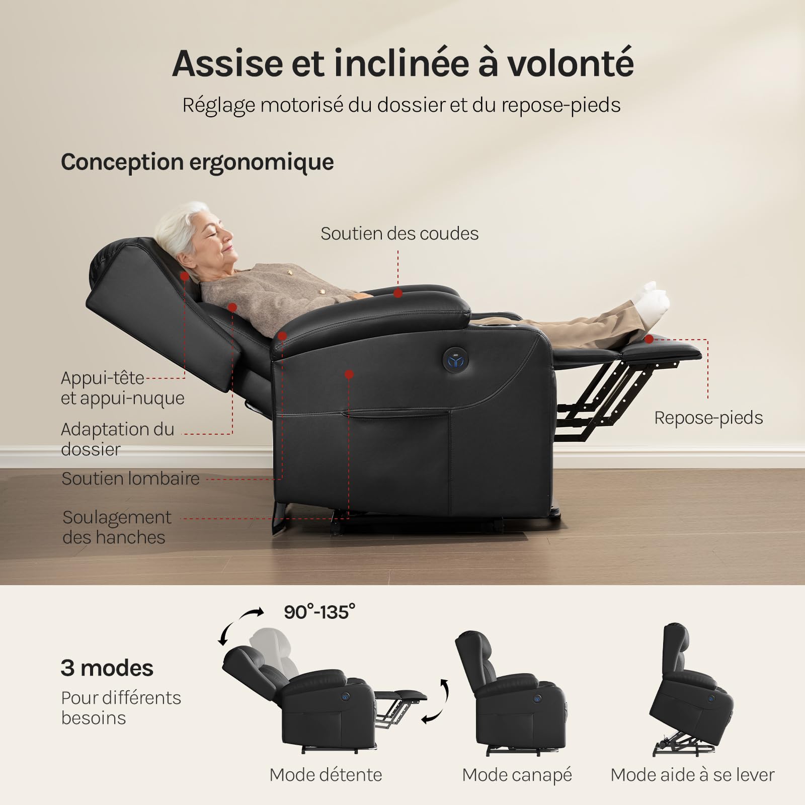 WOLTU Fauteuil Relax Électrique, Fauteuil Massant, Aide à la Verticalisation, Massage, Chauffage, Repose-Pieds, Poches, Porte-gobelet, Port USB, PU, Noir, SKS62sz