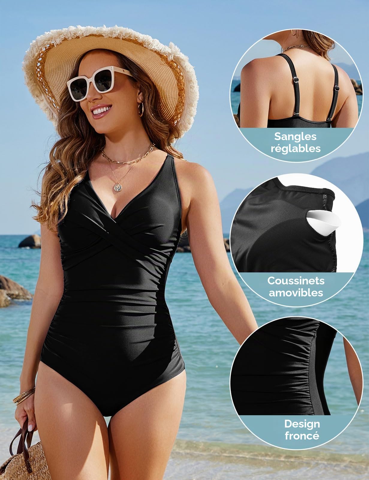 heekpek Maillot de Bain Femme 1 Piece Gainant Ventre Plat Push Up Rembourré Taille Haute Maillot de Bain Une Piece Femme Retro Swimsuit avec Avant Croisé