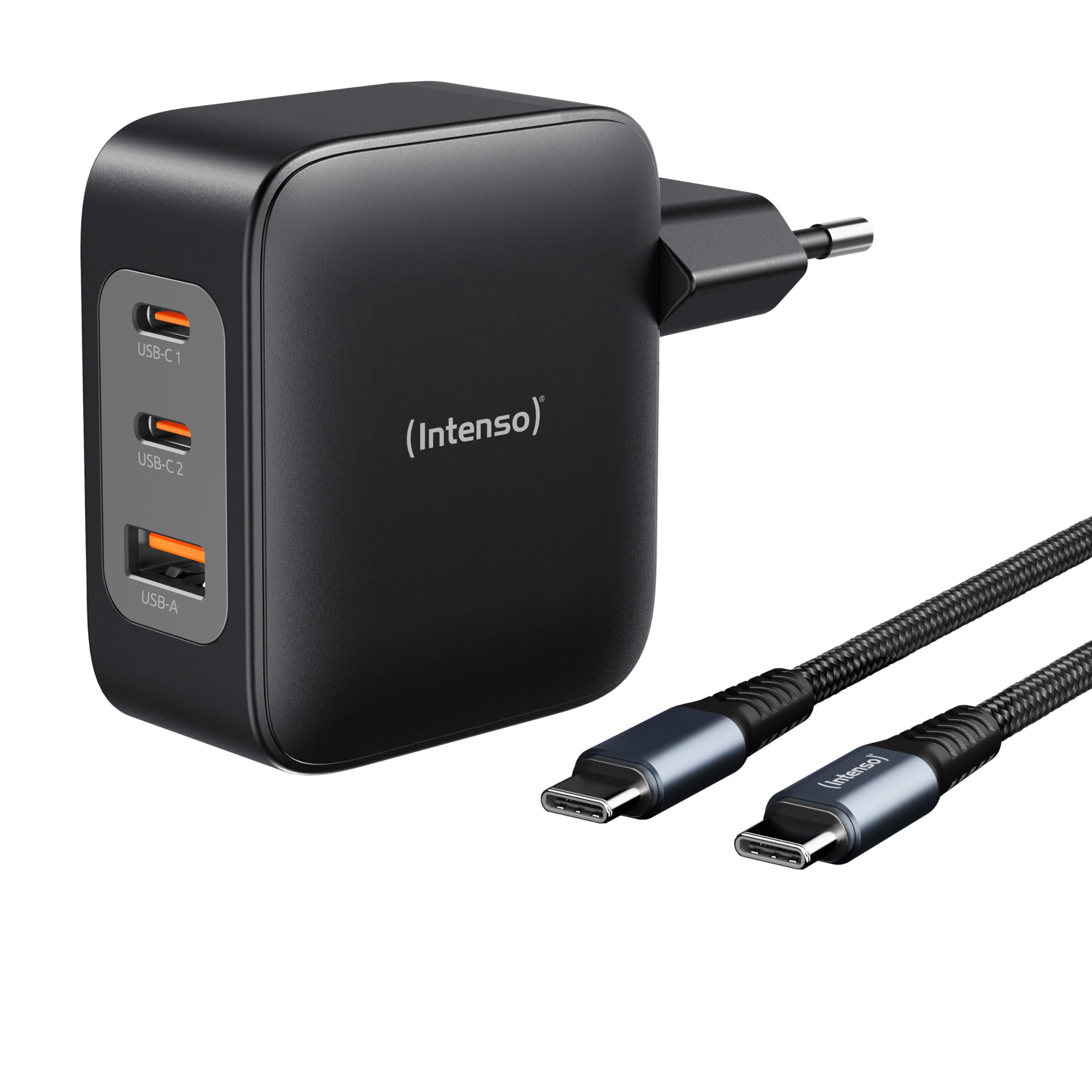 Intenso 100W GaN Schnellladegerät mit USB-C Kabel 2m – 3-Port Netzteil (2X USB-C, 1x USB-A), PD 3.1, PPS & QC 5.0 Fast Charger für MacBook, Laptop, iPhone 16/15, Samsung Galaxy, iPad, Schwarz