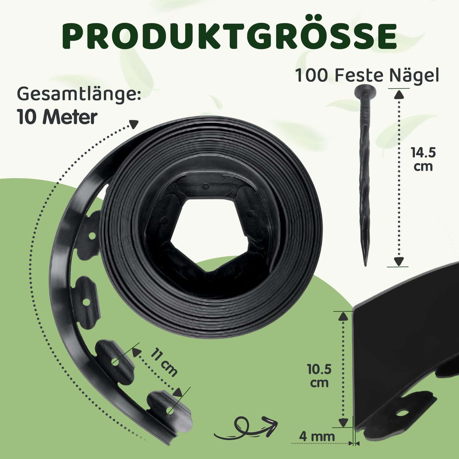 Flexible Rasenkante Kunststoff, 10m Lang 10cm Hoch Rasenkanten mit 100 Erdanker, Plastic Beeteinfassung Kunststoff Gartenzaun Beetumrandung Rasenbegrenzung, Schwarz