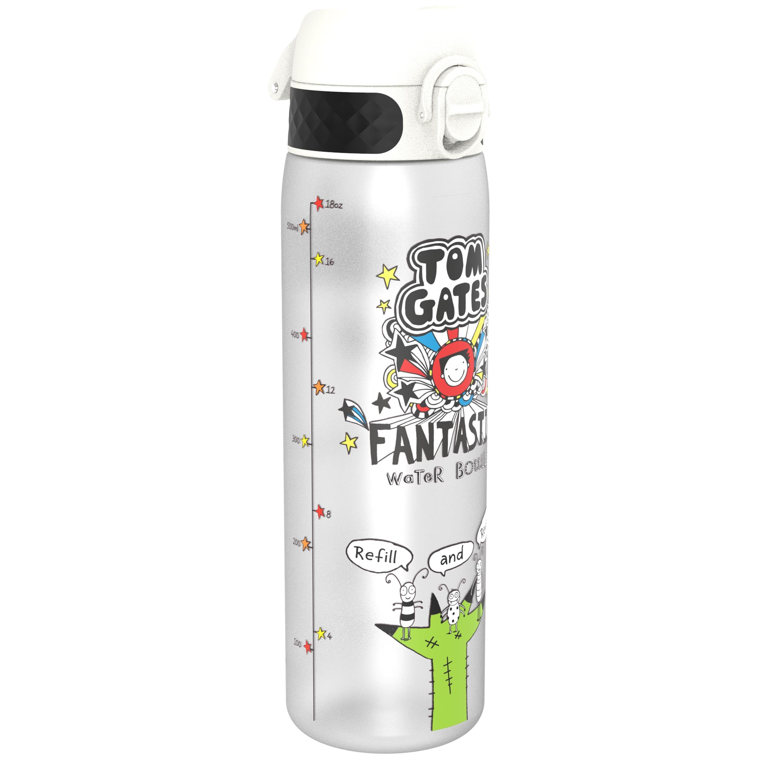 Ion8 Tom Gates Water Bottle, 500 ml/18 oz, Leak Proof, Easy to Open, Secure Lock, Dishwasher Safe, BPA Free, Hygienic Flip Cover, Carry Handle, Fits Cup Holders, Easy Clean, Carbon Neutral, Motivator