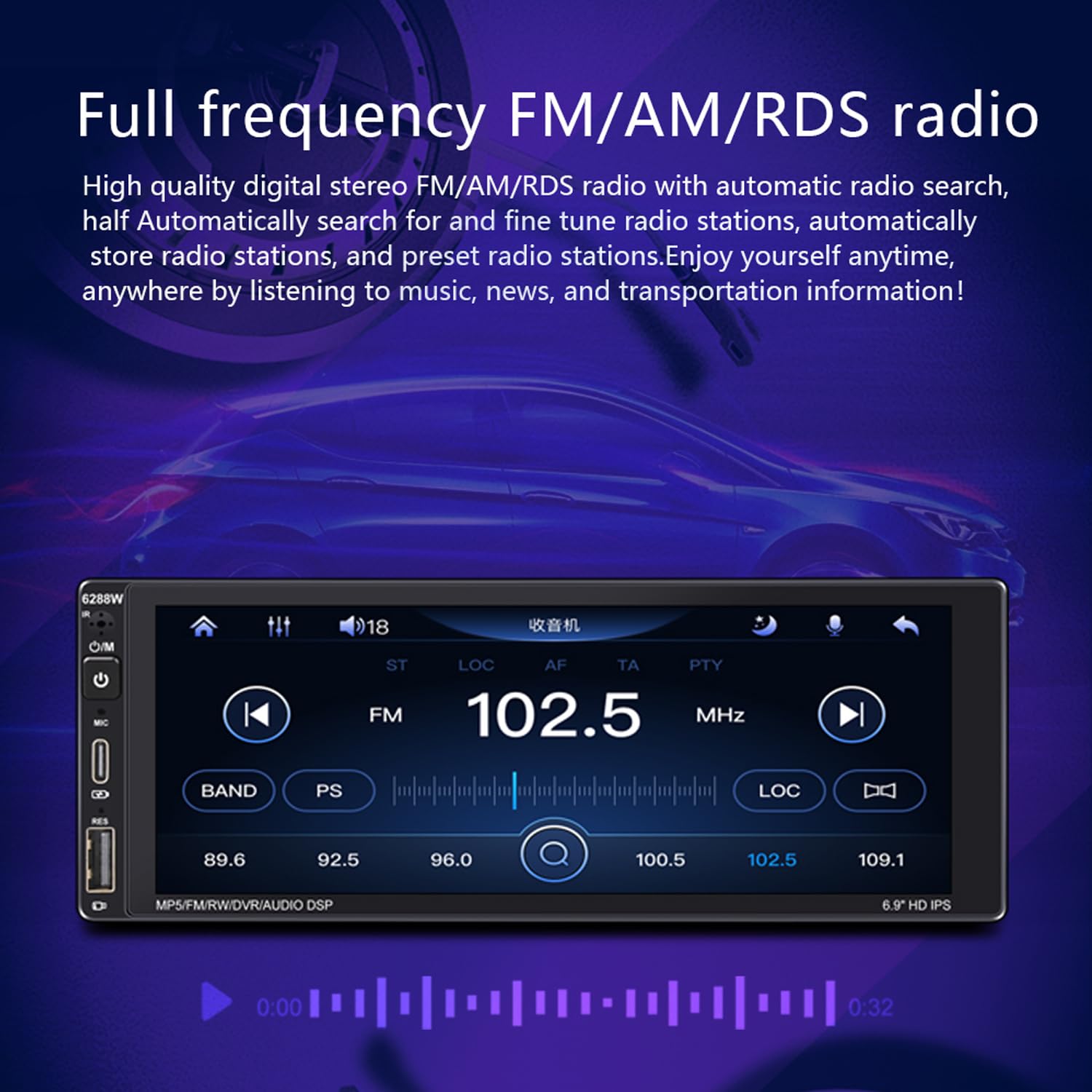 Radio samochodowe 1 Din z bezprzewodowym CarPlay Android Auto 6,9" ekran dotykowy Bluetooth Radio samochodowe z 12 diodami LED Widok z ty?u Obs?uga kamery FM AM RDS Radio Mirror Link USB typu C