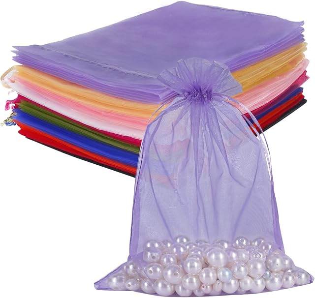 HRX Package 100pcs Big Organza Bags Drawstring Mixed Color, 16.5 x 22.5cm Christmas Wedding Shower Party Favors Gift Mesh Bags Pouches for Jewelry Makeup Sample(Random Colors)