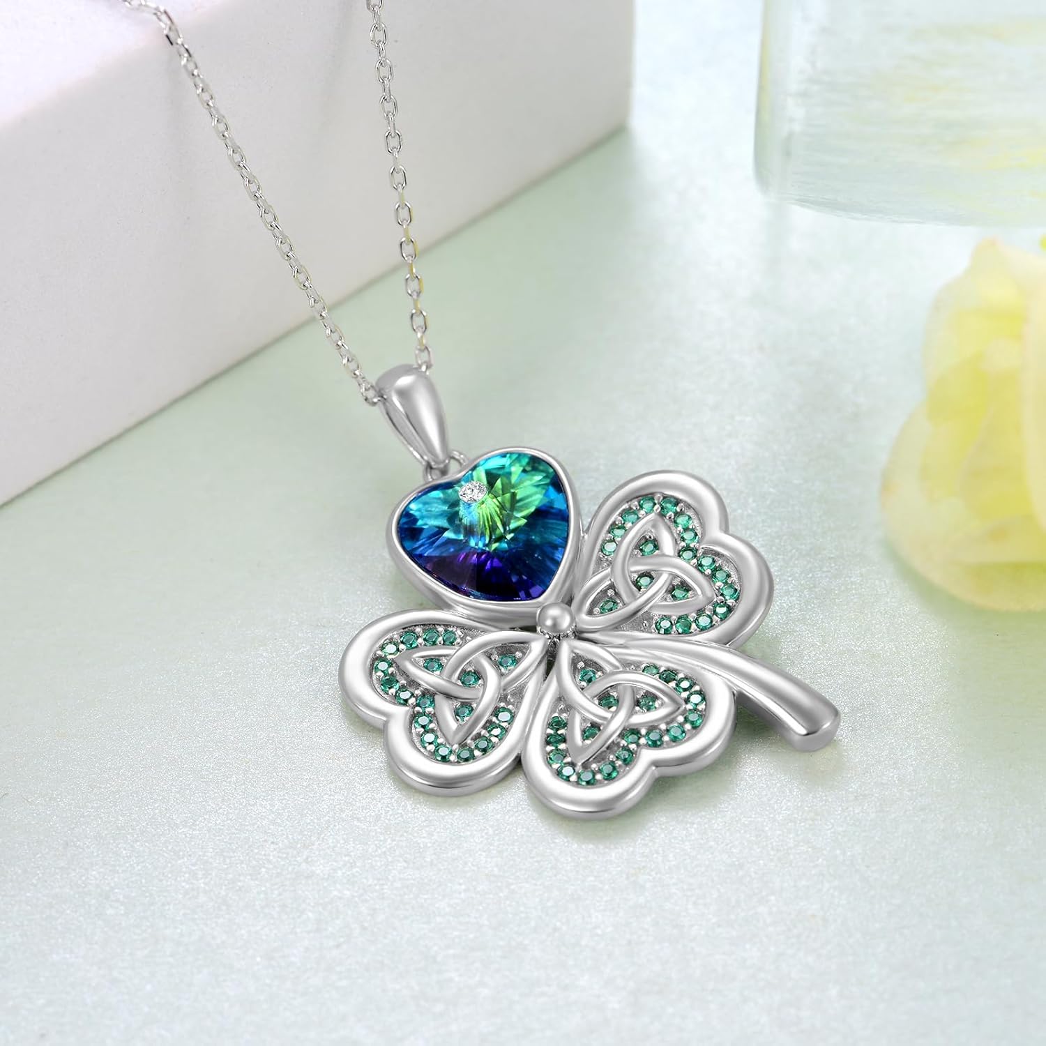 Sterling Silver Shamrock Pendant Necklace: Celtic Knot Four Leaf Clover Women's Jewelry