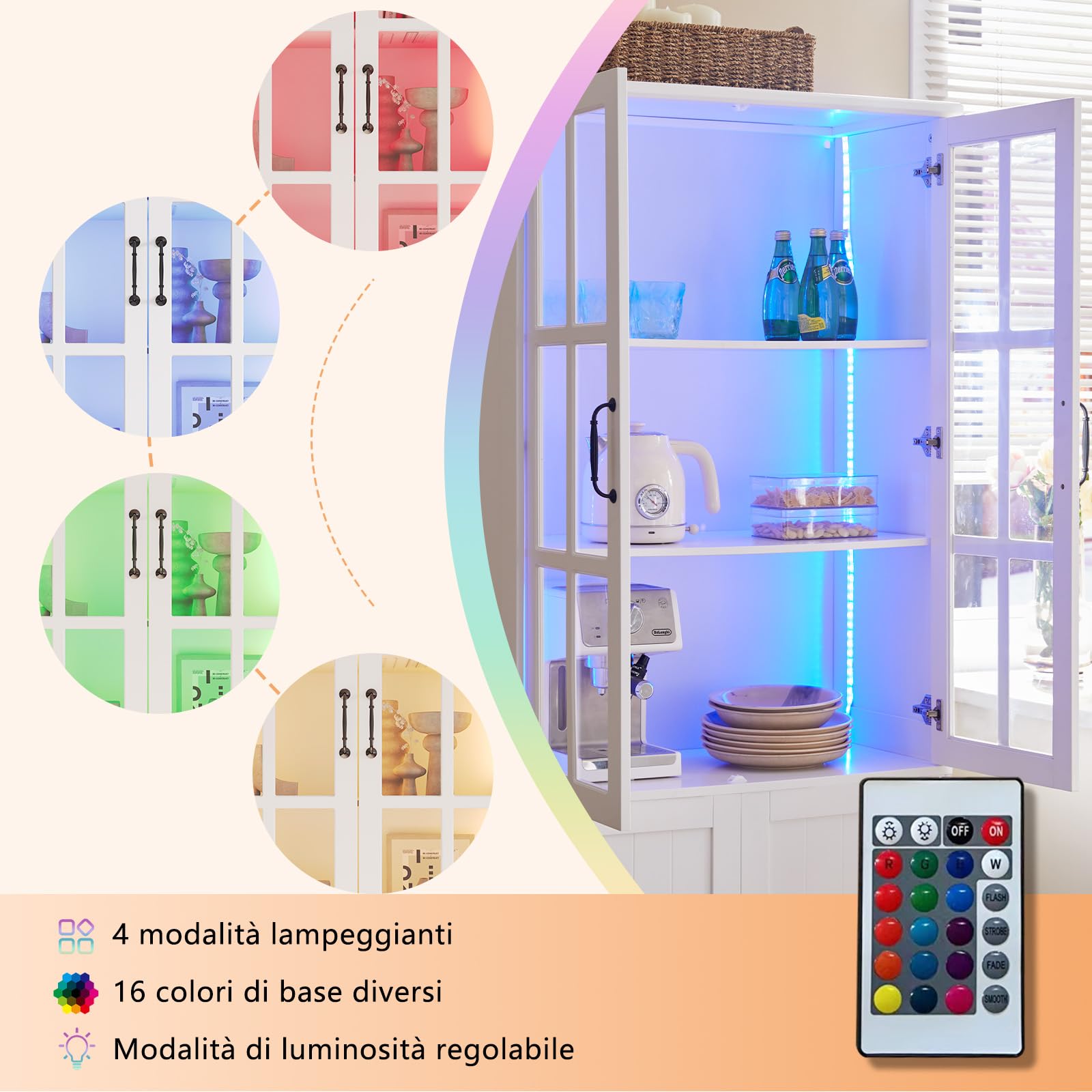 LUXOAK Armadio vetrina con illuminazione LED e maniglie retrò, armadio alto bianco 180 cm di altezza, 4 ante con finestre in acrilico e 5 ripiani, armadio moderno per soggiorno e cucina