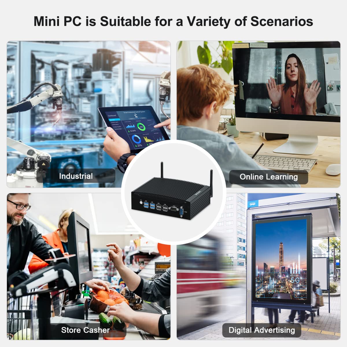 BASOARO Mini PC Fanless i5-8350U 16GB RAM 256GB SSD Win 11 Pro Dual RJ45 LAN 2 RS232 COM 2 HD Displays USB 3.0 WiFi BT