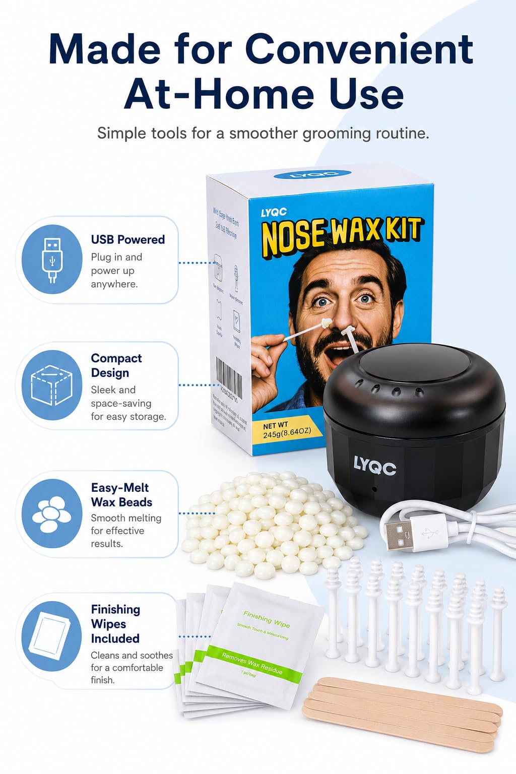 Nasenwachs-Set für Herren, Mini-Wachswärmer für Nase, Augenbrauen, Ohren, Haarentfernung, Wachsset mit USB-Schnellheizung, inklusive 100 g Perlen und 30 Stäbchen, tragbare Wachsmaschine, geeignet