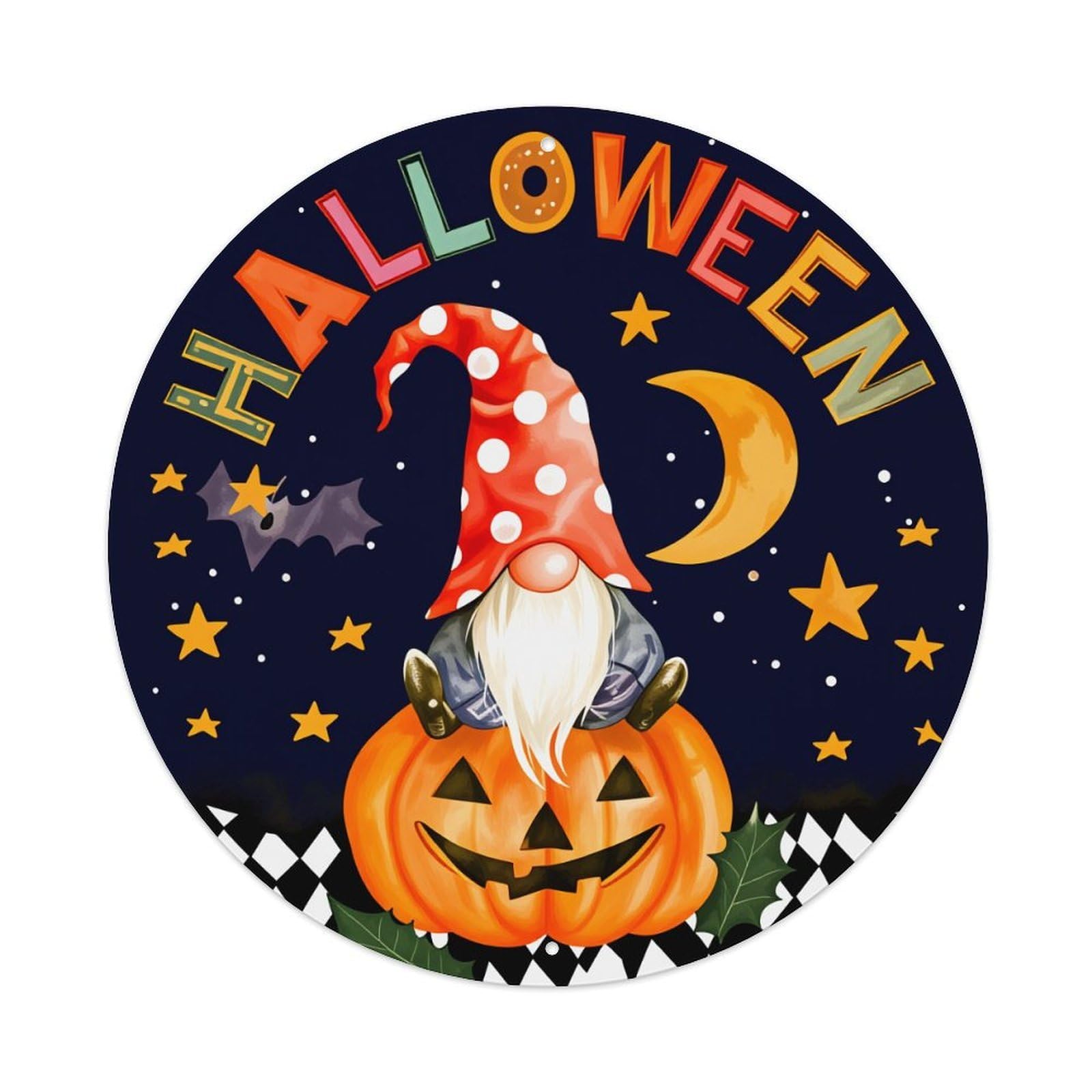 Halloween Gnome Pumpkin Moon Stars Round Tin Sign Vintage Metal Poster Retro Bar, Home, Man Cave, Kitchen, Laundry Room Wall Art Decor Gift 8x8In