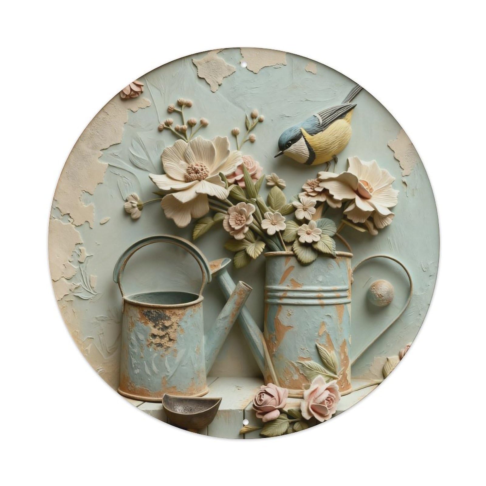 Floral Bird Vintage Garden Rustic Round Metal Tin Sign Vintage Wall Decor, Bar Garage Cafe Kitchen Home Wall Art Poster 8x8inches