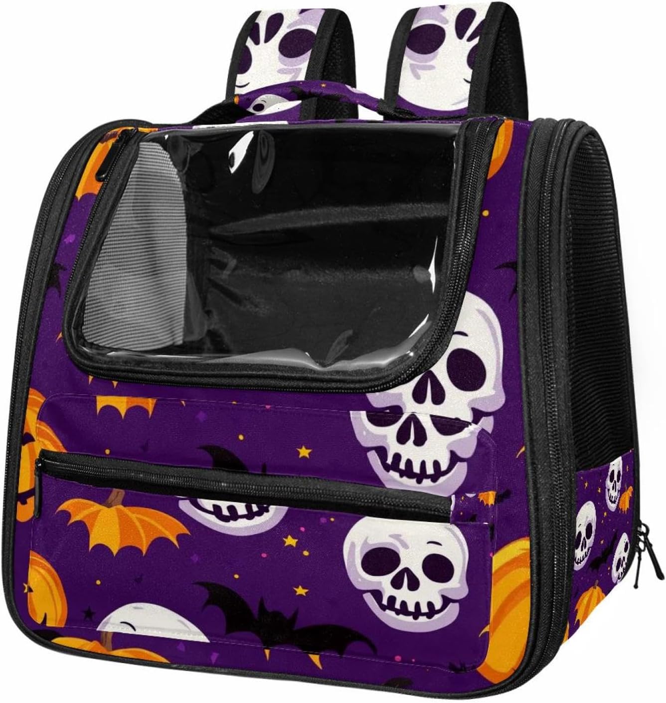 Portable Travel pet Backpack Carrier Hamster Bag Small Dog cat Carrier Breathable Hang Bag, Skulls Pumpkins Bats