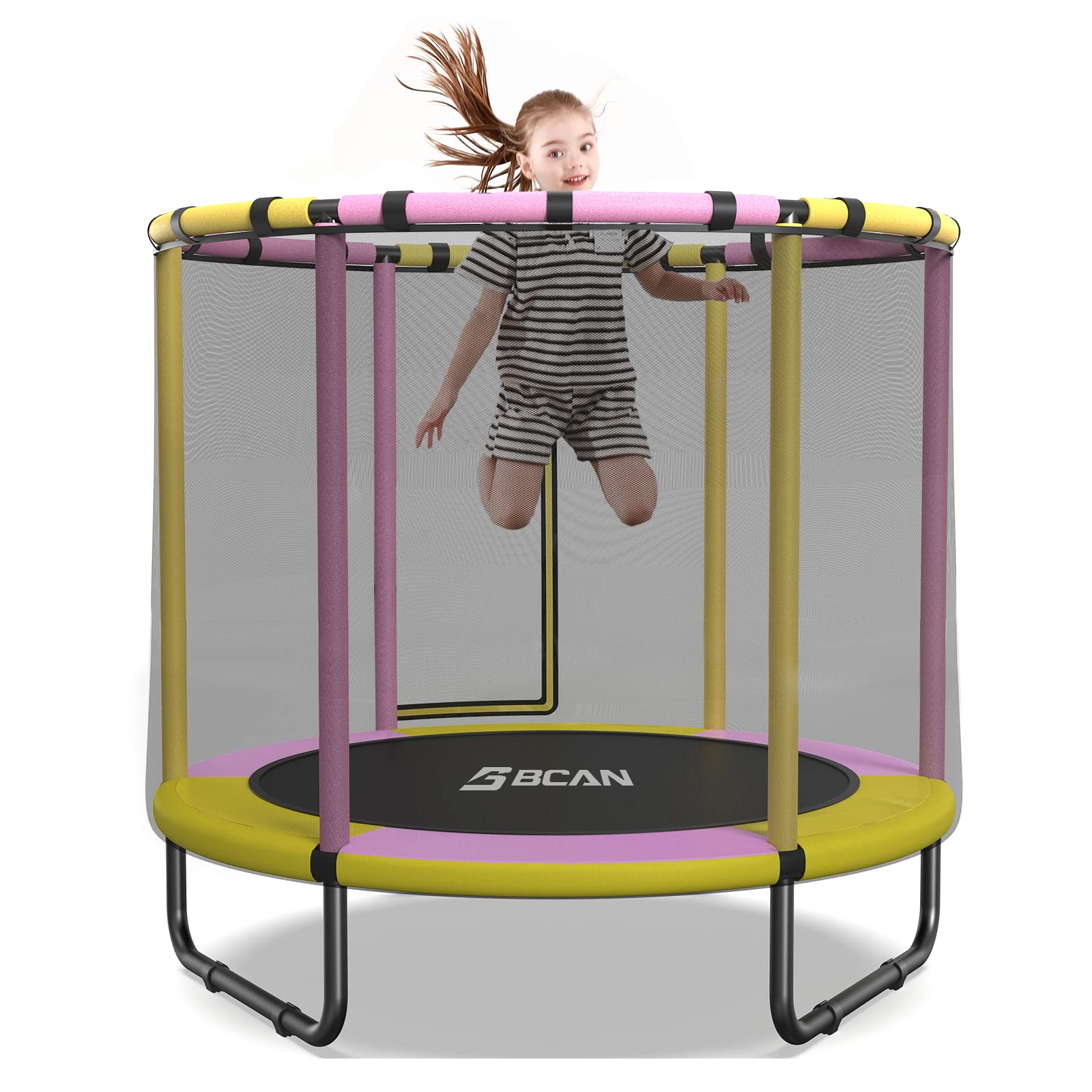 BCAN 60''/48" Mini Trampoline for Ages 1 to 8 Kid, 5FT Toddler Trampoline - Indoor/Outdoor Use with Enclosure Net, Foam Handle, Adjustable Gymnastics Bars, Basketball Hoop, Gifts for Boys & Girls