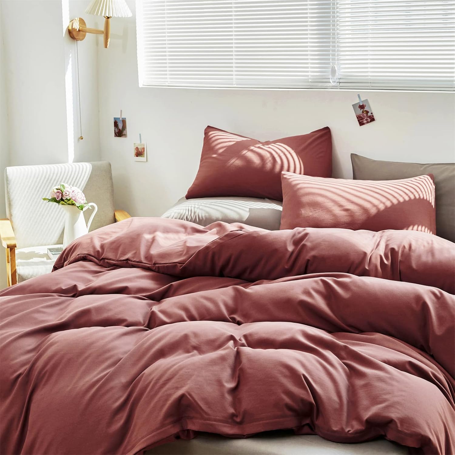 Cottonight Brick Red Comforter Set King Marroon Bedding Comforter Set Solid Modern Cotton Blackish Red Blanket Quilts Soft Simple Modern Breathable 3 Piece Hotel Quality Comforter Set for Women Men - Image 2