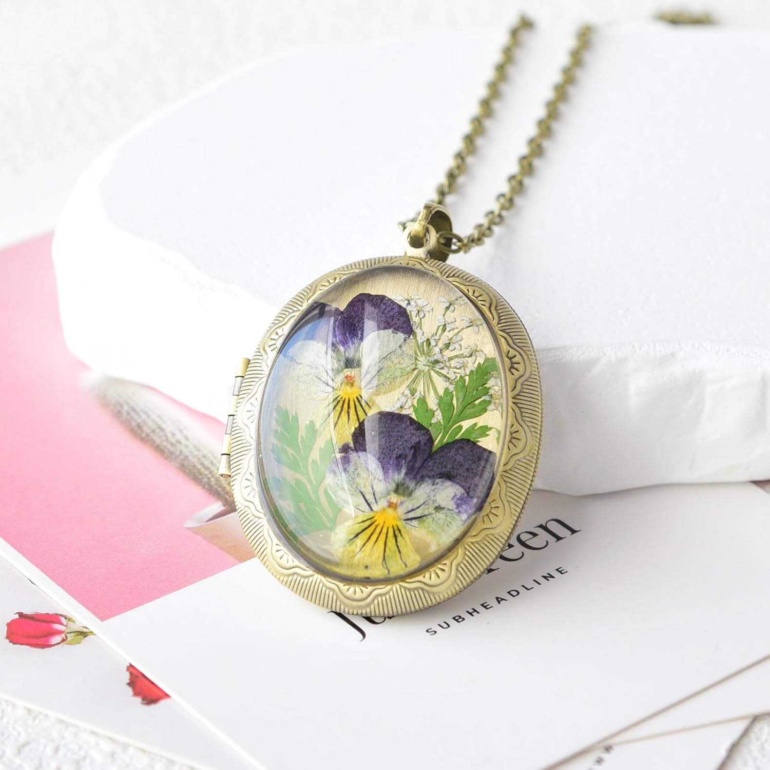 Vintage Photo Locket Necklace Handmade Pressed Flower Locket Necklace for Women