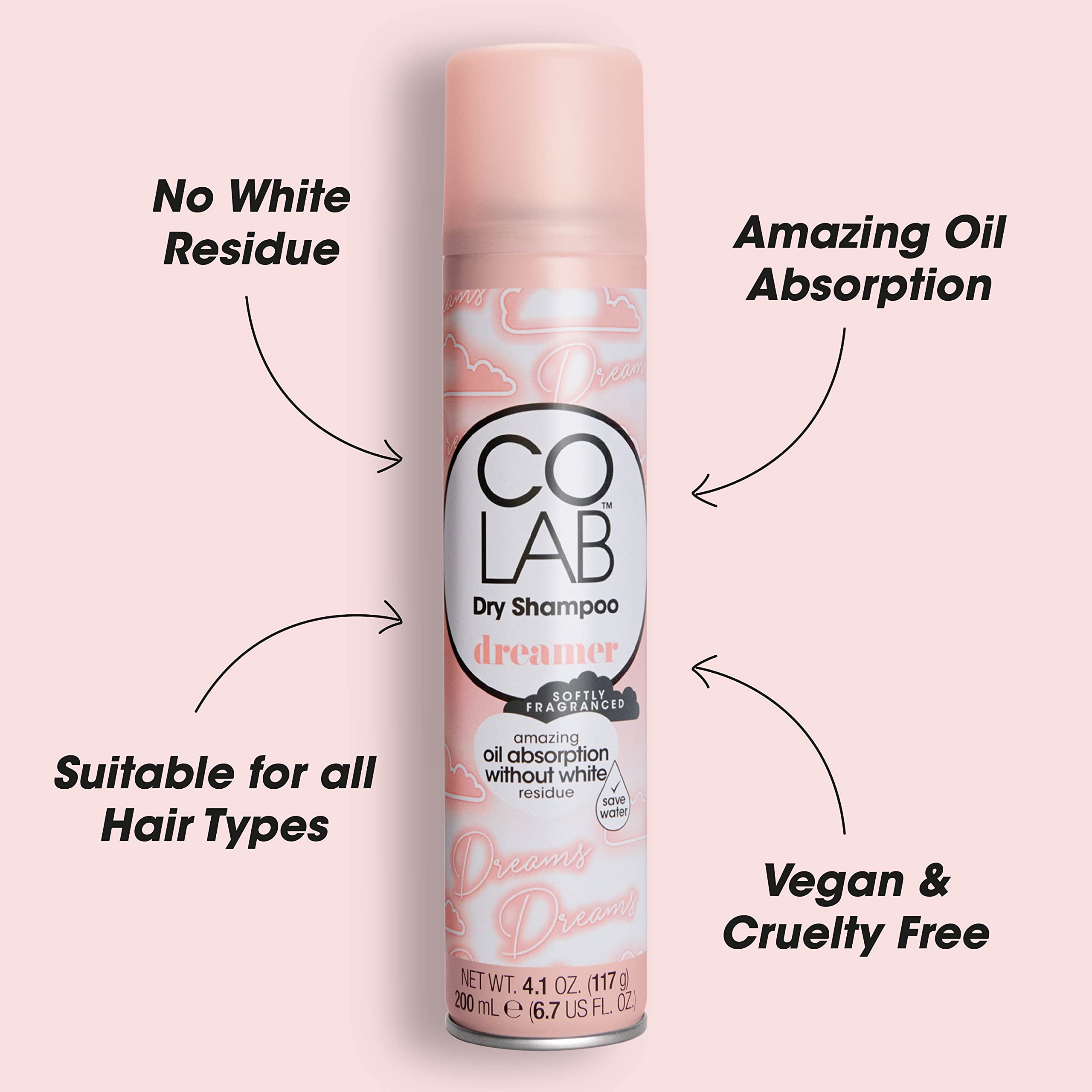 Colab - Champú en Seco Dreamer de 200 ml - Aumenta el Tiempo Entre Lavados - Aporta Más Volumen - Absorbe la Grasa del Cuero Cabelludo - Aroma a Algodón y Almizcle