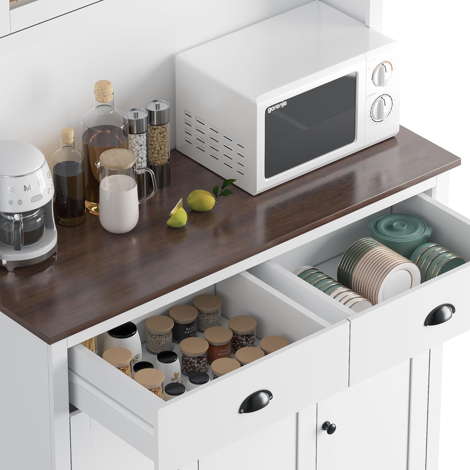 Garvee Dispensa da cucina con cassetti e ripiani regolabili, altezza 180,3 cm, mobiletto autoportante per bar, cucina, sala da pranzo, bianco