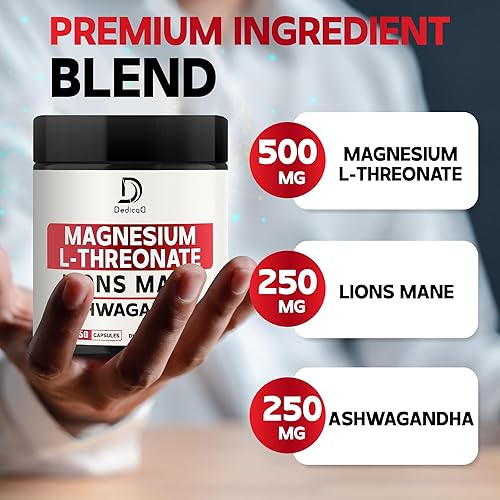 Miniatura 4 de 2 paquetes de 50 cápsulas  Suplemento de L-treonato de magnesio con melena de león y raíz de Ashwagandha  1000 mg por porción  Soporte de fórmula