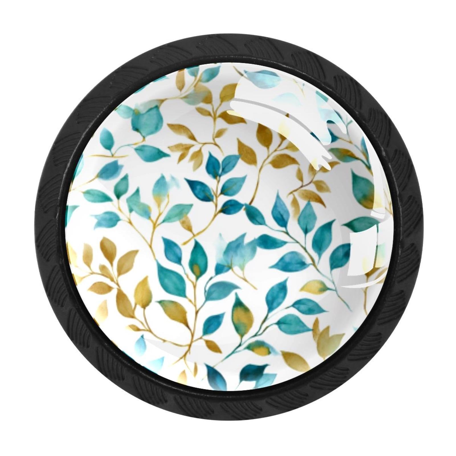 CHENZZZZ 4 Pack Gold Green Leaves and Branches (3) Dresser Drawer Cabinet Knobs Round Crystal Glass Knobs Pulls Handles for Kitchen Wardrobe Cupboard Door Hardware
