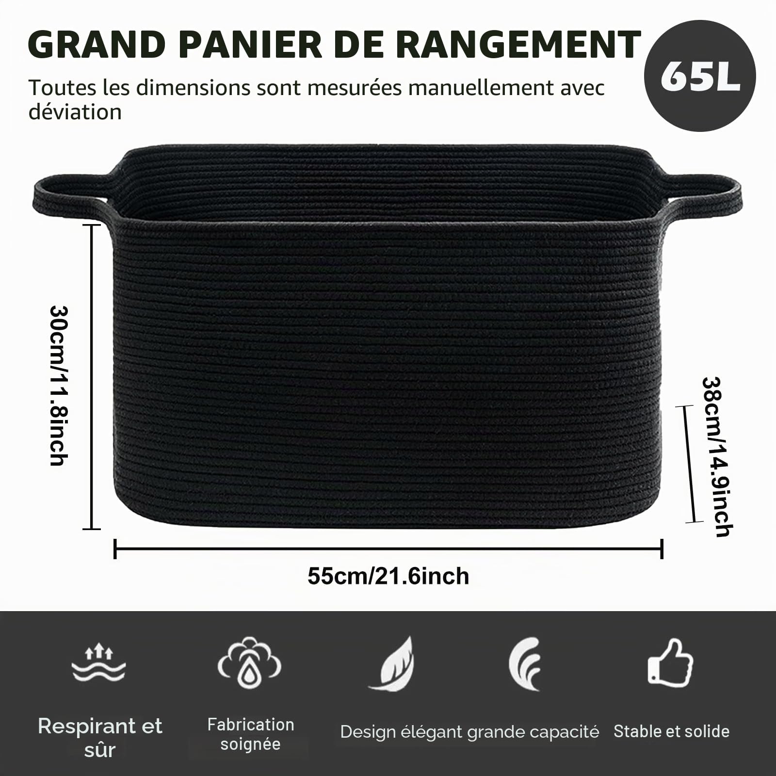 Grand panier de rangement tressé - Panier de rangement tressé pour chambre d'enfant - 55 x 38 x 30 cm - Noir
