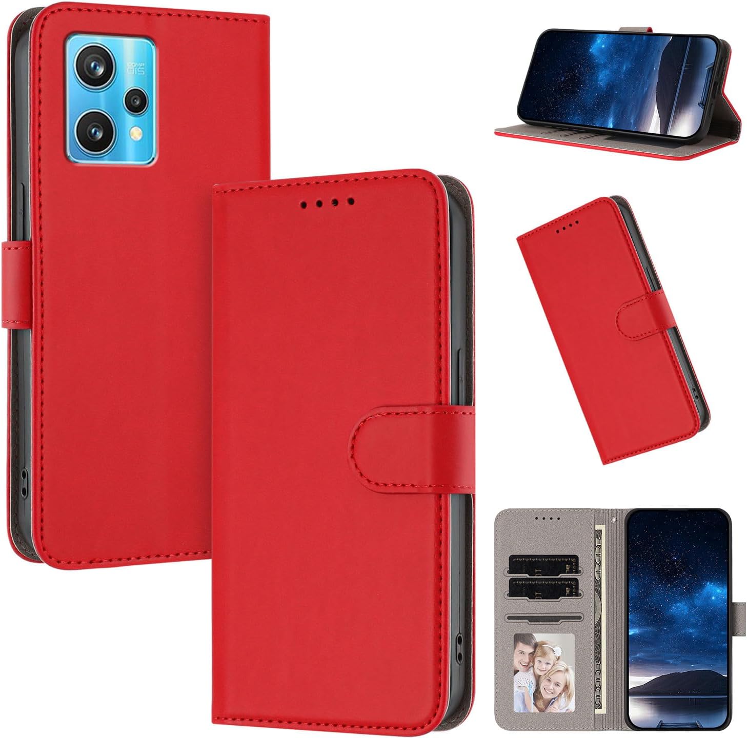 Cover Compatible with Realme 9 4G / 9 Pro Plus 5G,Compatible with Realme Narzo 50 Pro 5GG Magnetic Closure Wallet Card Slot Flip Kickstand Case Red