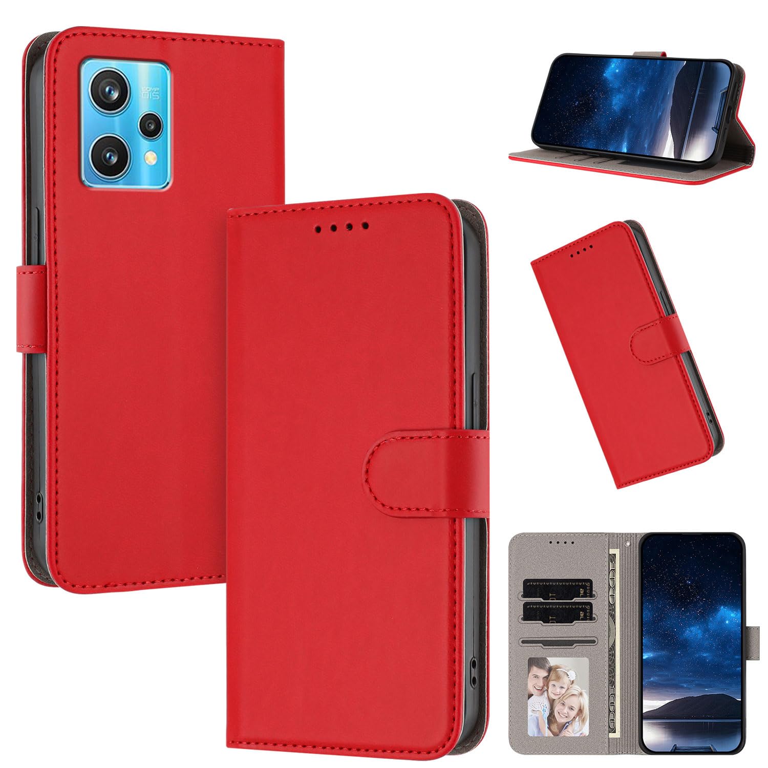 Cover Compatible with Realme 9 4G / 9 Pro Plus 5G,Compatible with Realme Narzo 50 Pro 5GG Magnetic Closure Wallet Card Slot Flip Kickstand Case Red