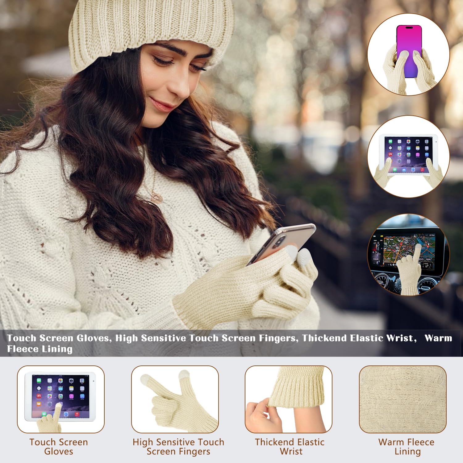 Ensemble Bonnet Echarpe Gant, 4pcs Ensemble Bonnet Echarpe Femme avec Gants Écran Tactile et Chaussettes Thermiques, Tricoter Bonnet Femme Hiver Pompom Coffret Cadeau pour Femme Sports Plein Air Hiver