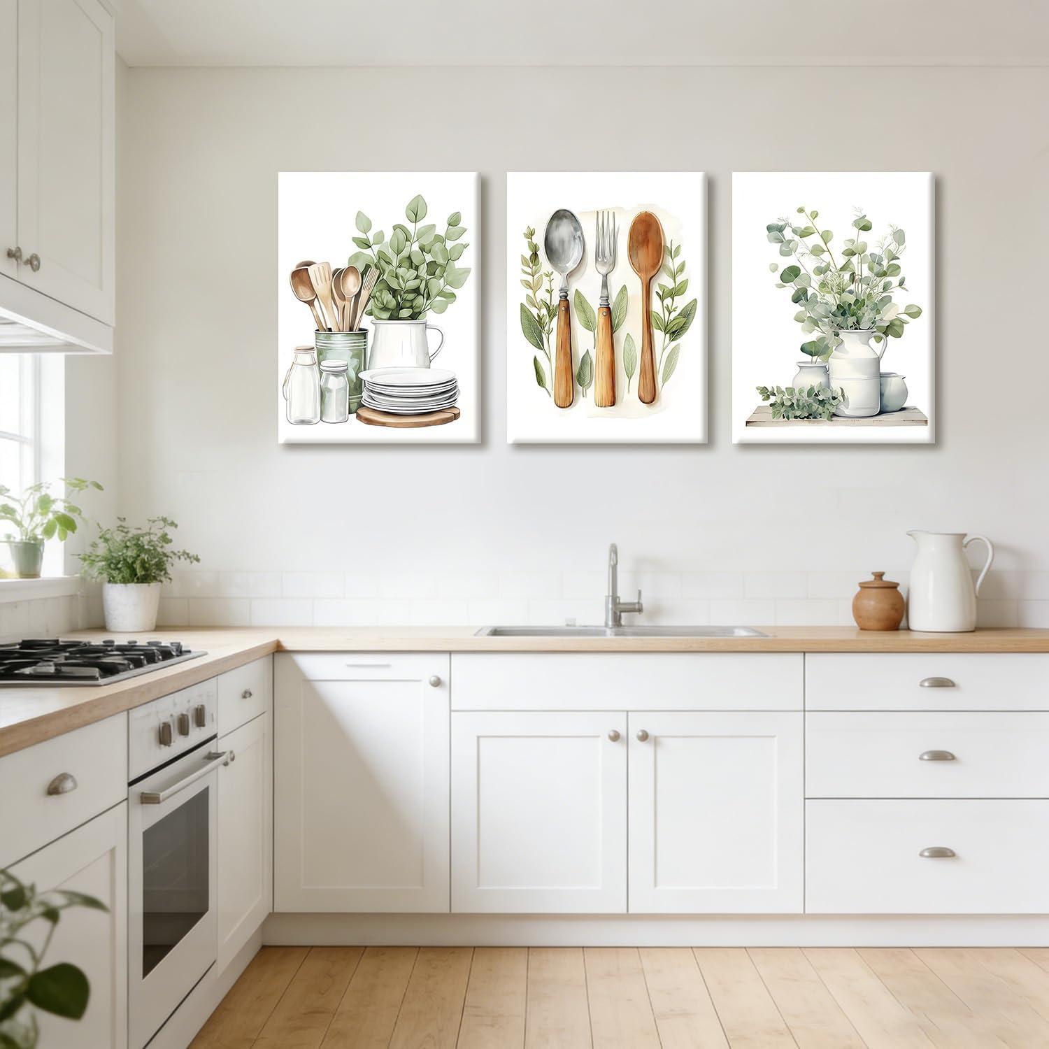 Doqueodas 3pcs Sage Green Kitchen Canvas Framed Wall Art Plant Farmhouse Style Utensils Images, Green Plant Minimalist Poster Print Suitable for Restaurant and Living Room Wall Decor 16x24 inch