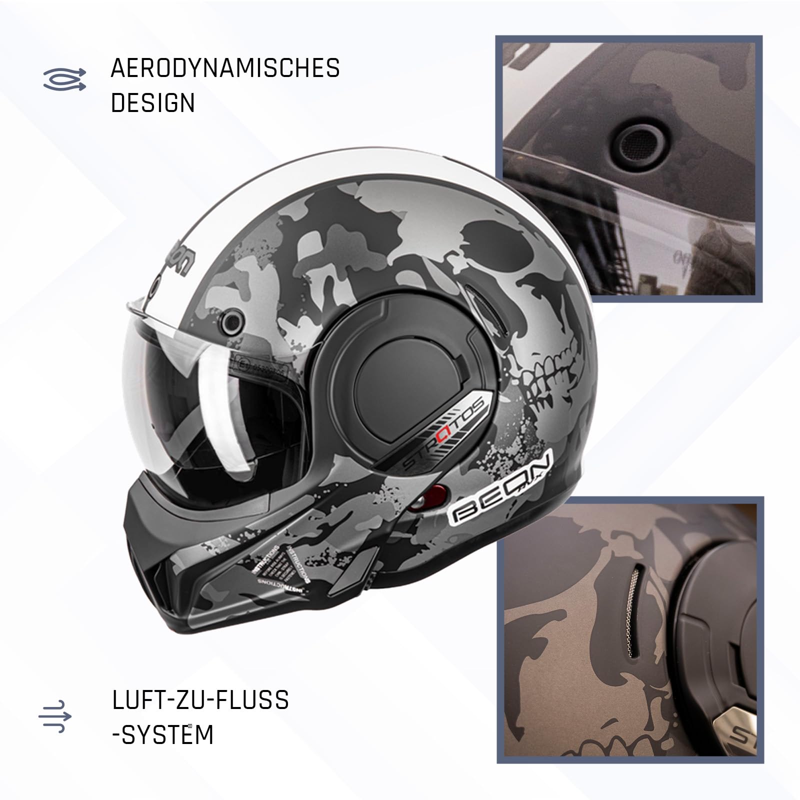BEON Stratos Motorradhelm - Systemhelm Klapphelme mit Visier und Sonnenblende - Rollerhelm Sonnenblende - Motorrad Helm Damen & Herren - Integralhelm 180° Klappbar - Anti-Kratz-Visier - XXL