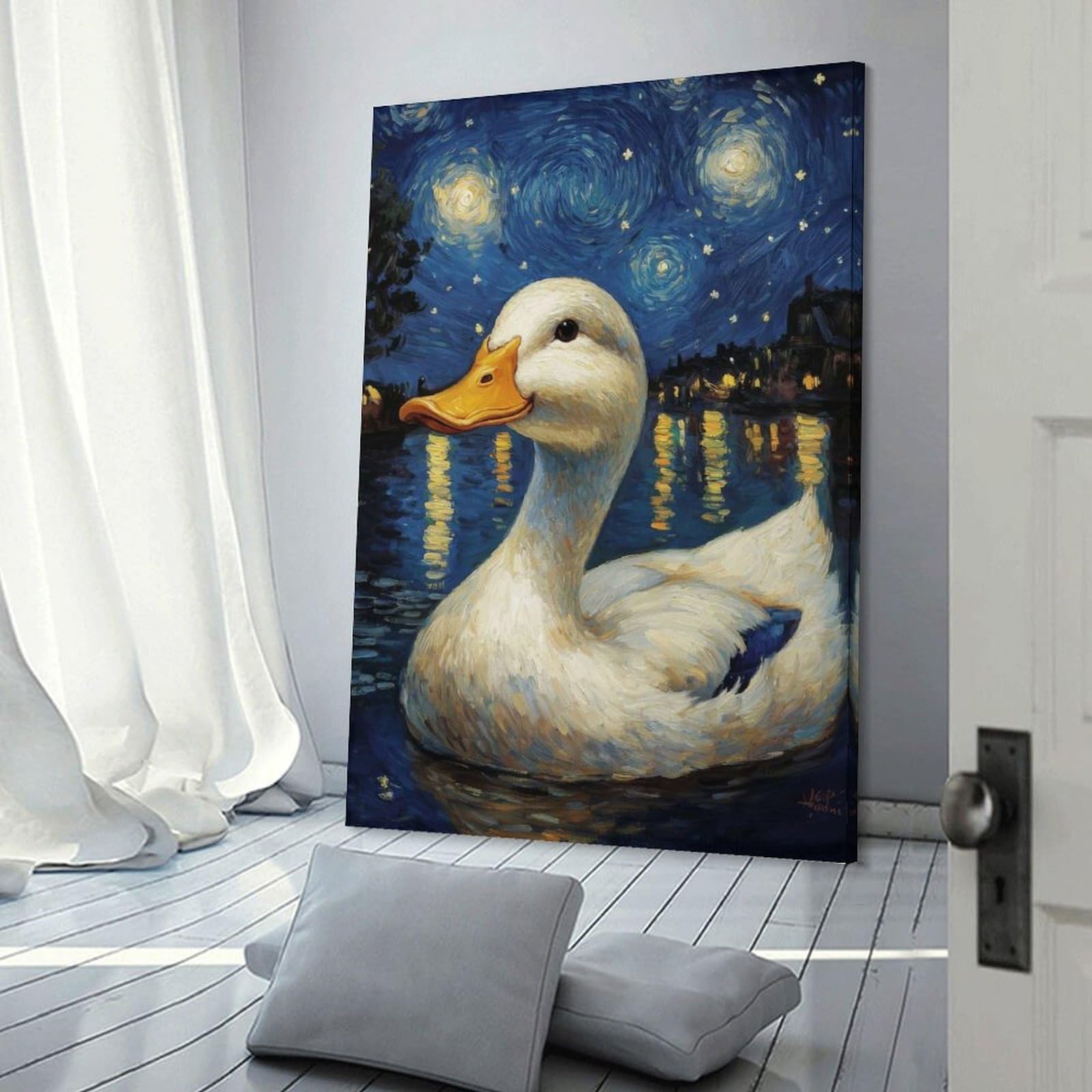 Junmoney Frame-Style-15-1 Canvas Wall Art Starry Night Duck, 24X36inch(60X90cm), For Living Room, Bedroom, Office Or Hallway, Decorative Artwork With Broad Appeal
