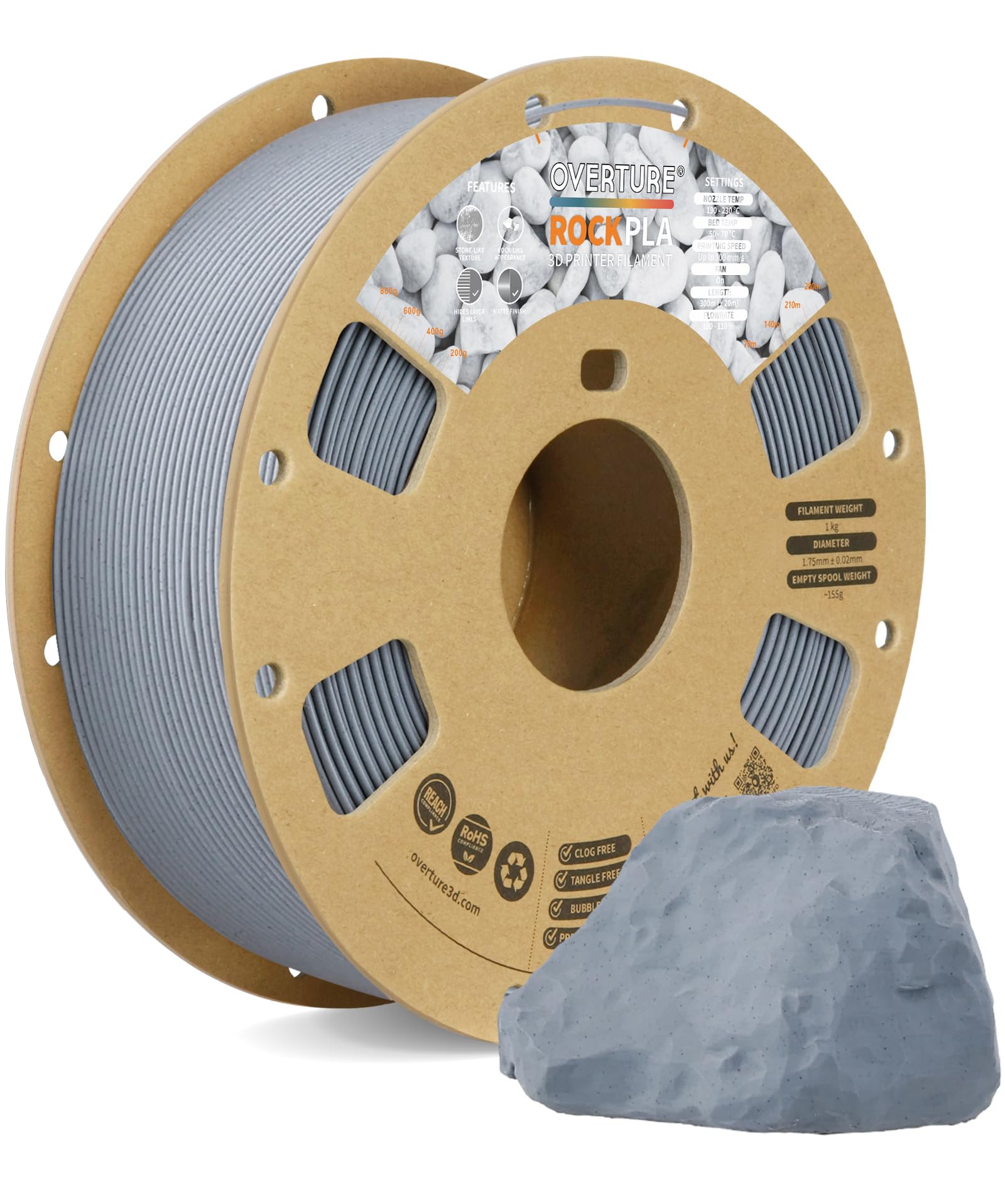 OVERTURE Rock PLA Filament 1.75mm, Marble PLA 3D Printer Filament 1kg Spool (2.2lbs), Dimensional Accuracy +/- 0.02 mm, Fit Most FDM Printer (Muted