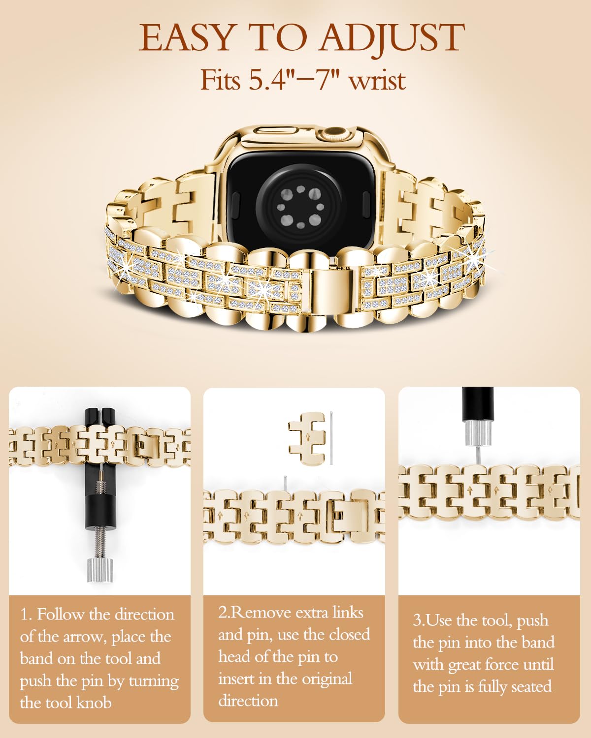 Bracelet de montre bling compatible avec Apple Watch 38 mm, 40 mm, 41 mm, 42 mm, 44 mm, 45 mm, bracelet de rechange en métal avec coque de protection en cristal pour femme