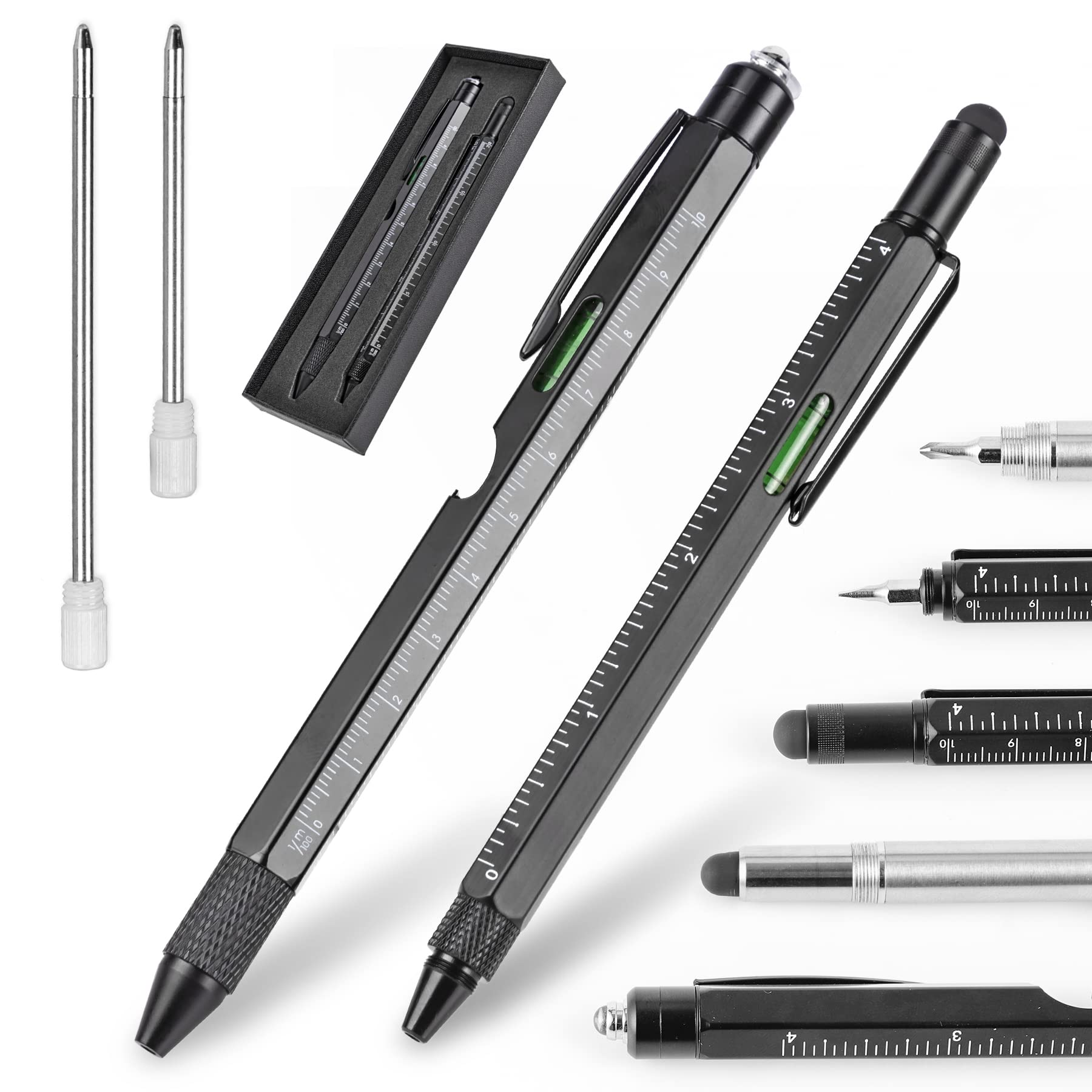 UYYE 2PCS Multitool Pen Stuffers for Men, Set 9 in 1 & 6 in 1 Pen, Cool Gadgets for Men, Dad, Tech Gifts, Engineers, Woodworkers, Carpenters (Black)