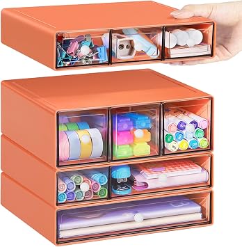 Desk Storage Organizer with 9 Drawers, 4 Tiers Stackable Desktop Craft Storage Drawers, Clear Storage Box Caddy for Stationary Makeup Jewelry Office Craft Supplies Orange