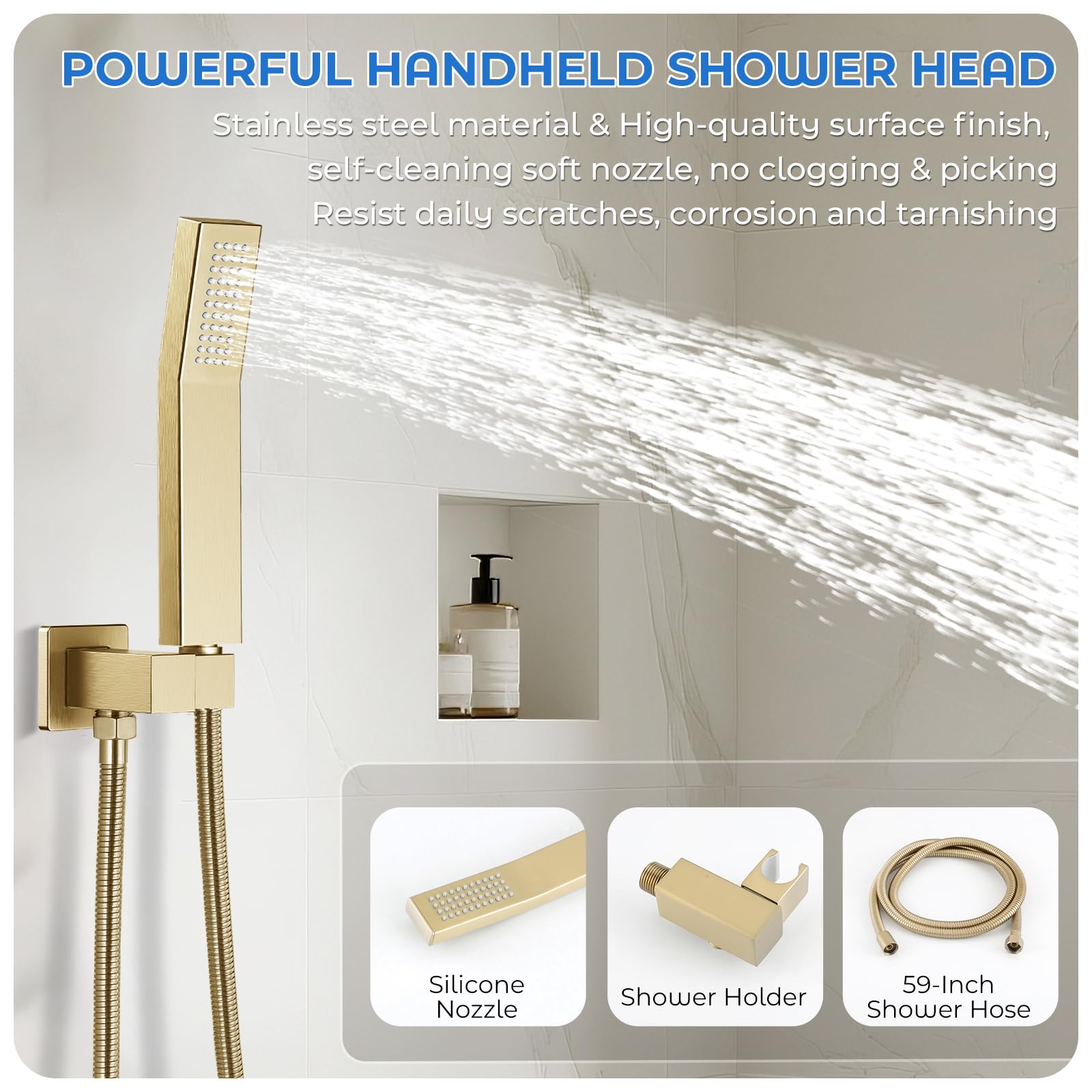 Gold Shower Faucet Set, 10 inch Rain Shower System with Pressure Balance Valve, Wall Mounted 2-Functions Bathroom Shower Systems with Rain Shower and Handheld Spray Shower Trim Included: 10 Inch Brushed Gold