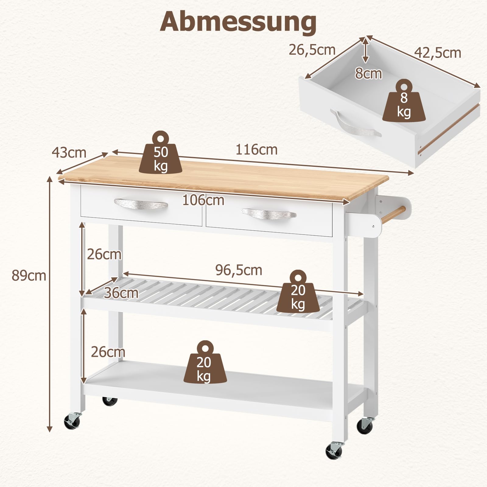 COSTWAY Küchenwagen Holz, Küchenschrank mit Rollen, Rollwagen mit Arbeitsplatte, 2 Schubladen, 2 offenen Regalen & Handtuchhalter, Servierwagen für Esszimmer & Küche, 116 x 43 x 89 cm (Weiß)