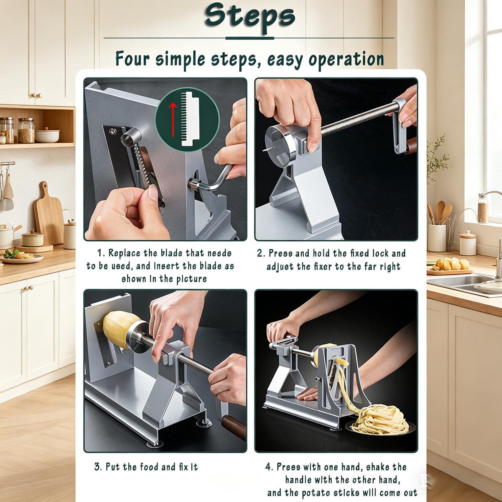 Affettatrice per patate con 3 lame, fissaggio antiscivolo, manico comodo per sminuzzare e affettare facilmente, ideale per l'uso in cucina familiare