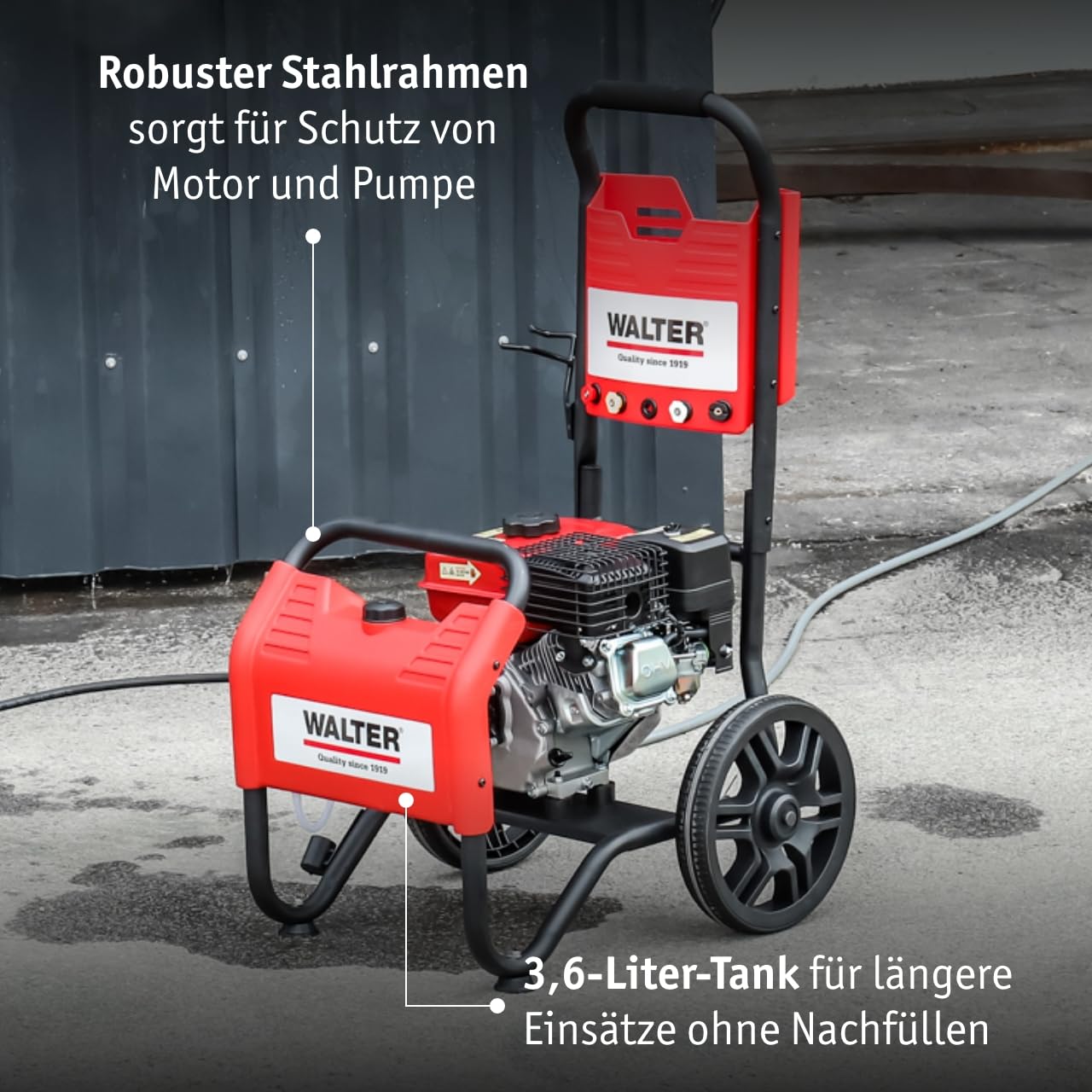 WALTER Benzin Hochdruckreiniger, Terrassenreinger, 250 bar, 7 PS Viertaktmotor, 208 CCM, inkl. Zubehör: 6m Hochdruckschlauch, 4m Ansaugschlauch, 5 Düsen, Vollgummiräder