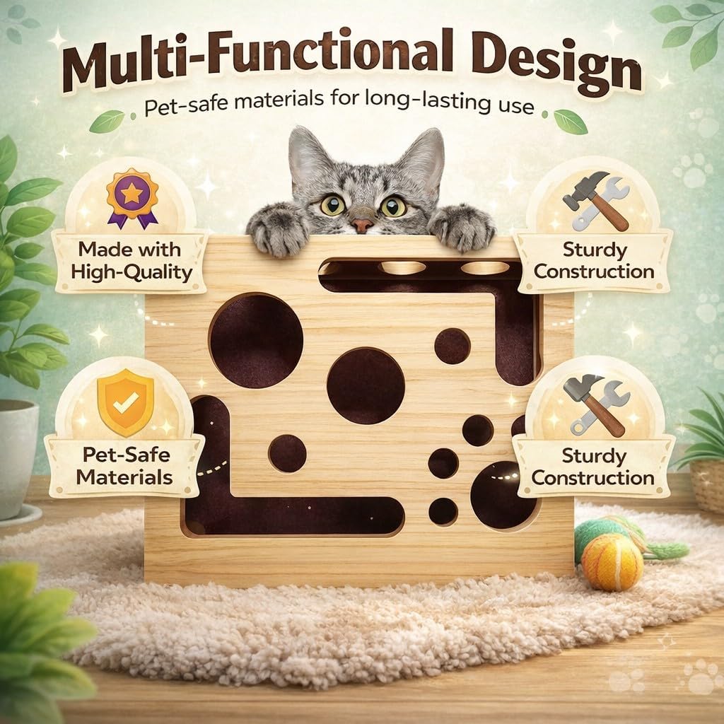 Cat Claw Saver, Cat Scratch Puzzle Enrichment Box Interactive Cat Toy with Nail File Sandpaper Claw Care Stress Relief Scratcher with Balls for Indoor Cats Grooming Play (Wood Color)