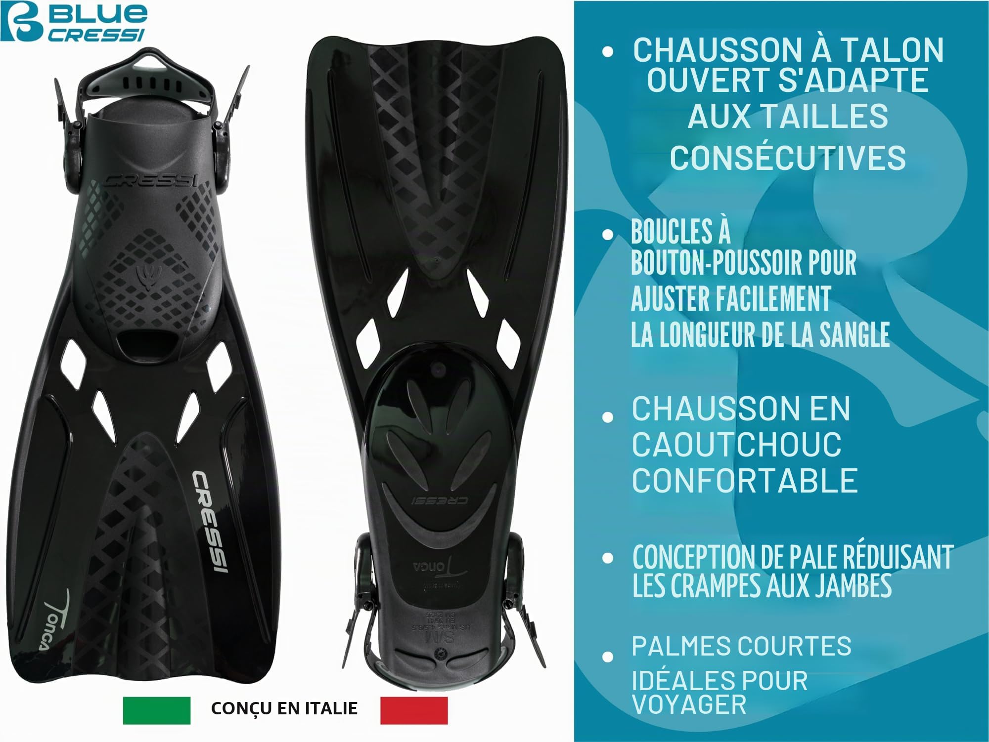 CRESSI Tonga Fins/Set – Palmes Courtes Légères et Réglables ou Set Palmes Courtes + Baron Masque Intégral, Parfait pour la Snorkeling et la Natation, Adultes