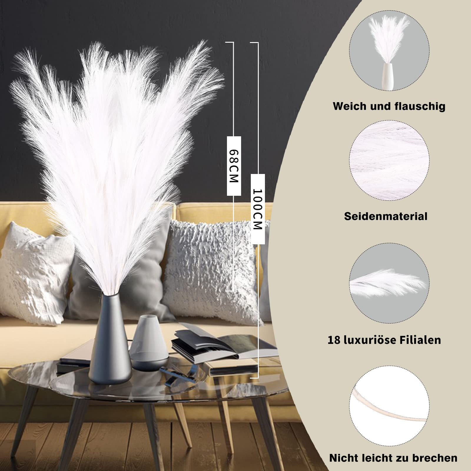 Pampasgras Knstlich Gro (100 cm | 5 Stck) - Wei Pampasgras Deko Hoch  Faux Schilf Federn Flauschig Pampasgras fr Hochzeitsfeier Vase Fllung  Boho : Amazon.de: Kche, Haushalt & Wohnen