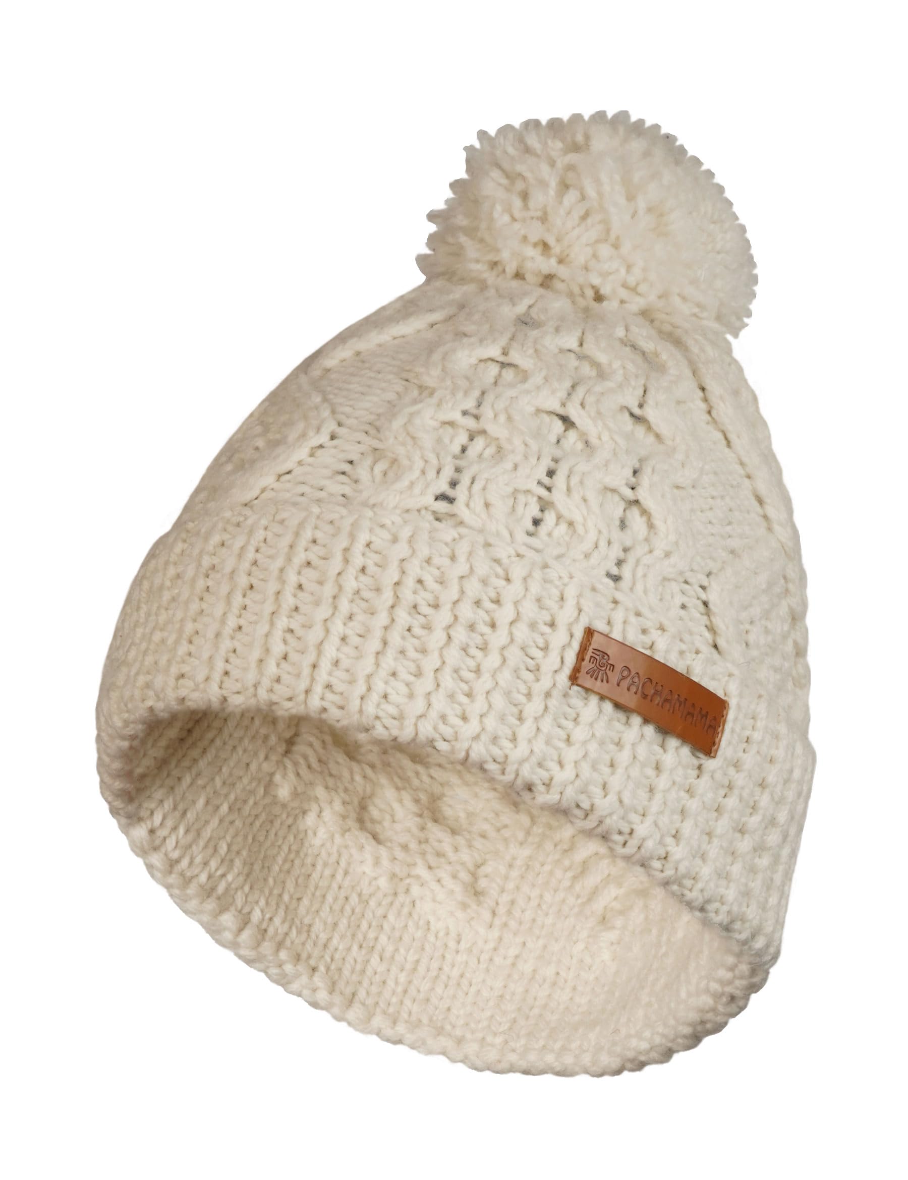 Pachamama Women's Cream 100% Pure Fine Merino Wool Beanie Bobble Hat Handknitted Cable Pattern Plain One-Size Handmade Soft Warm Breathable Moisture Wicking Fair Trade (Uk, Alpha, One Size, )
