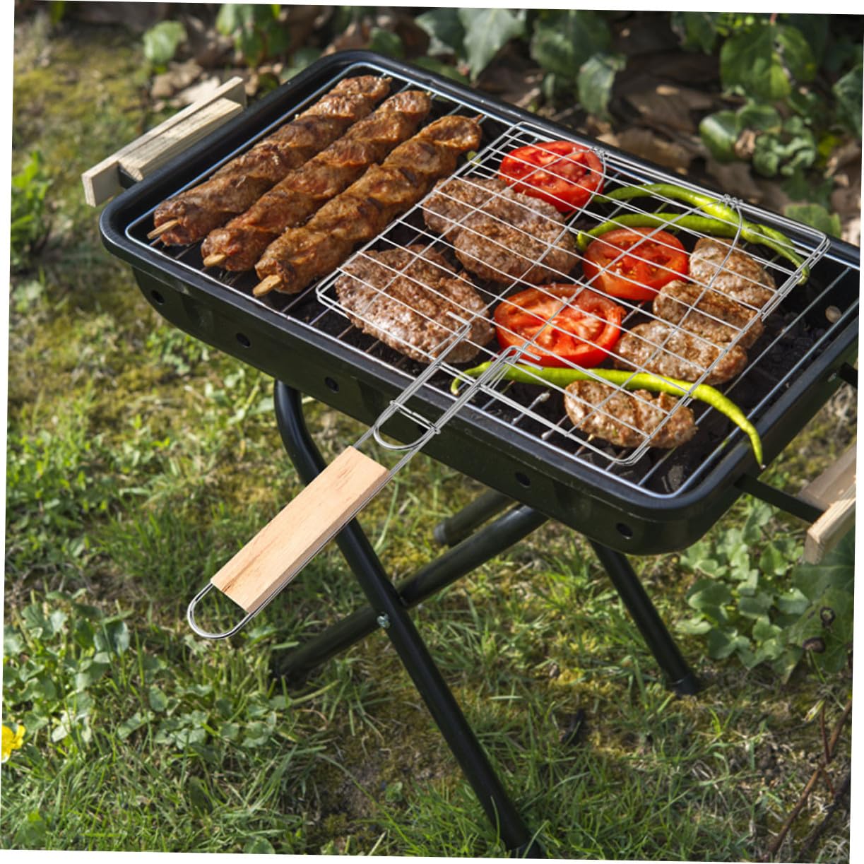 BESTonZON Fischgrillkorb zum Einfachen Wenden von Fisch und Gemüse 2 Stück aus Edelstahl mit Holzgriff Leicht und Praktisch für Outdoor Camping und Picknick