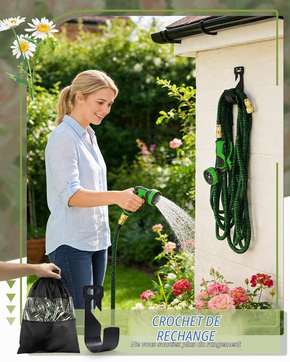 Tuyau Arrosage Extensible 100FT avec Pistolet 10 Fonctions, Raccords 1/2'' & 3/4'', Embout Plaqué Cuivre, Crochet et Sac, Tuyau d'Arrosage Anti-Fuite et Anti-Torsion pour Jardin