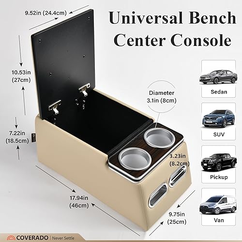 Vista 4 de Coverado - Consola central para automóvil, consola universal de asiento trasero, organizador y almacenamiento para camioneta, con soporte para Beige
