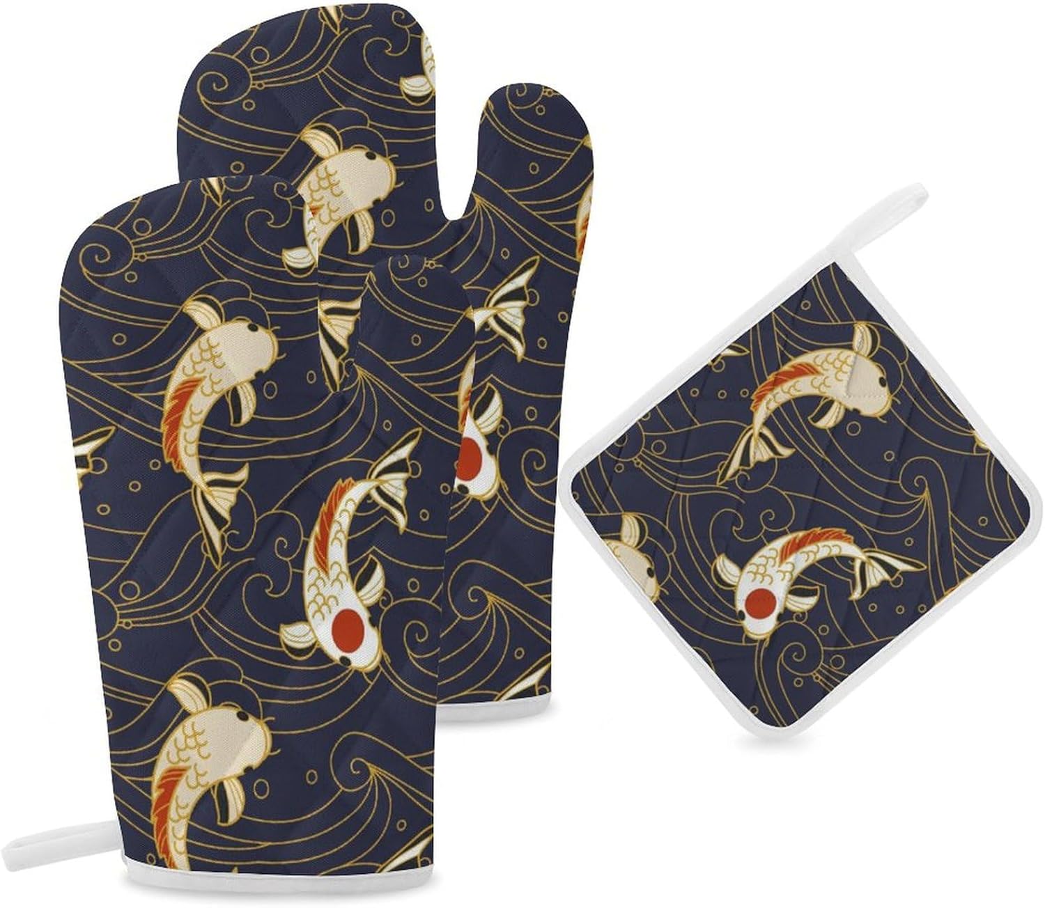 Japan Waves Fish Print Oven Mitts and Pot Holders 3 Piece Sets Heat Resistant Gloves Hot Pads Potholders for Kitchen Baking Cooking