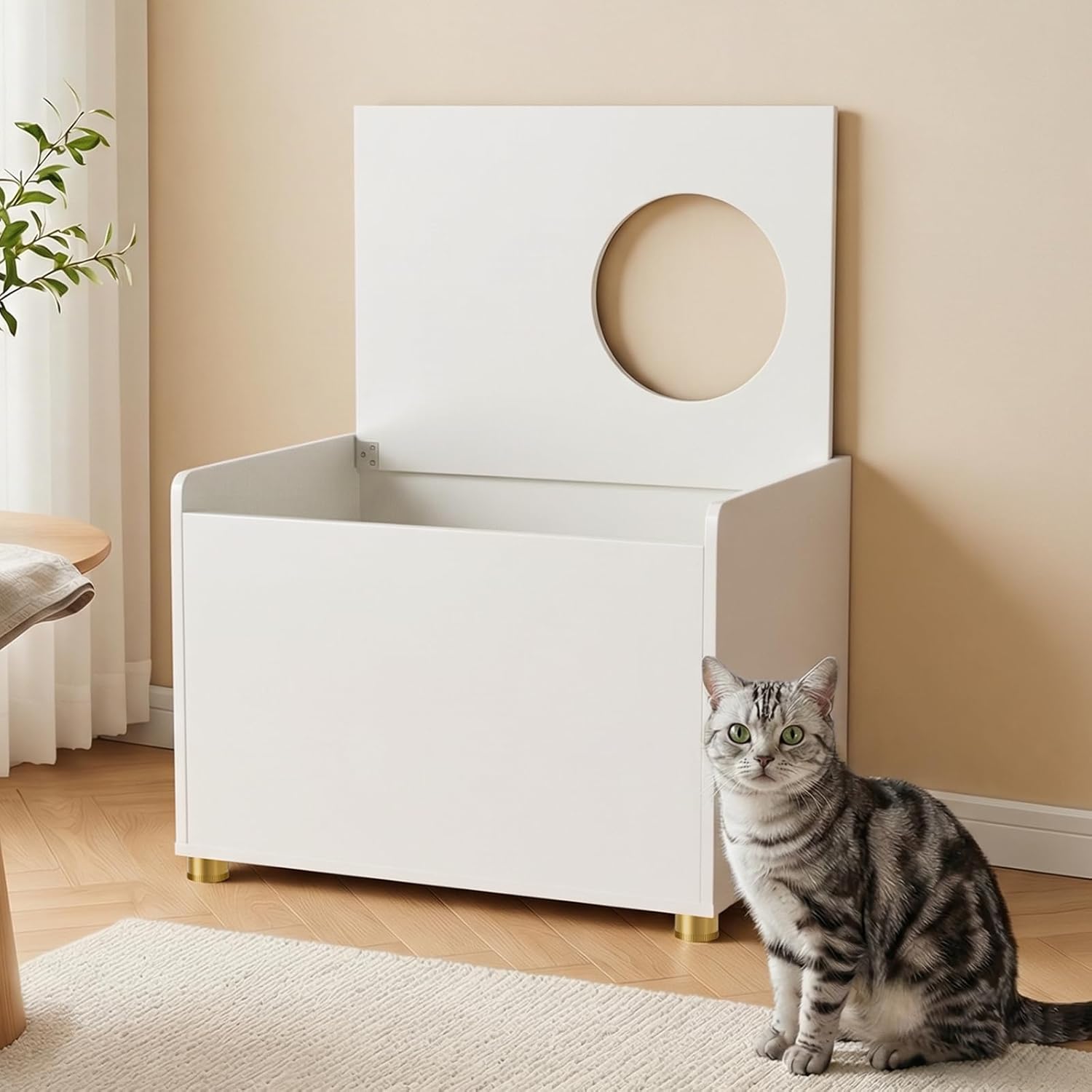 Top Entry Litter Box Enclosure, Flip Top Cat Litter Box Furniture with Scratch Mat, Stylish Hidden Cat Washroom for Large Cats (White)